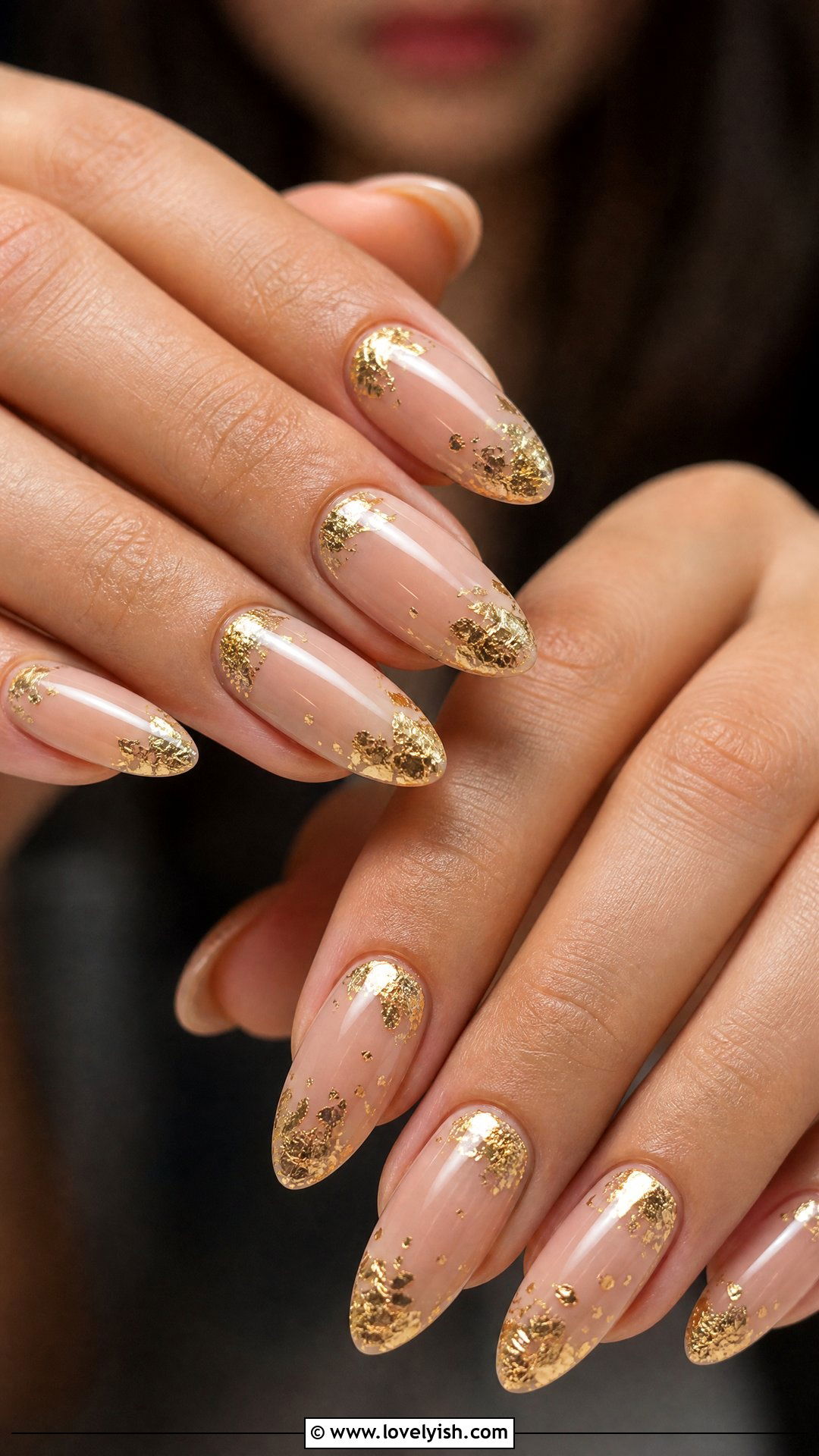 Nude Nails With Gold Foil Flakes - 35 nail art for beginners - 35 nail art for beginners