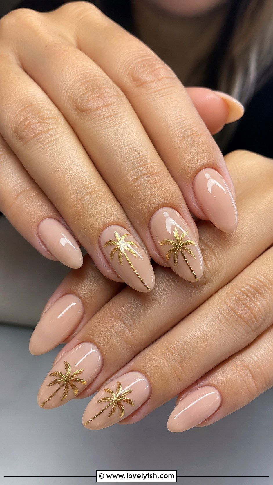 Nude Nails With Gold Palm Tree Foil - 50 vacation nails - 50 vacation nails