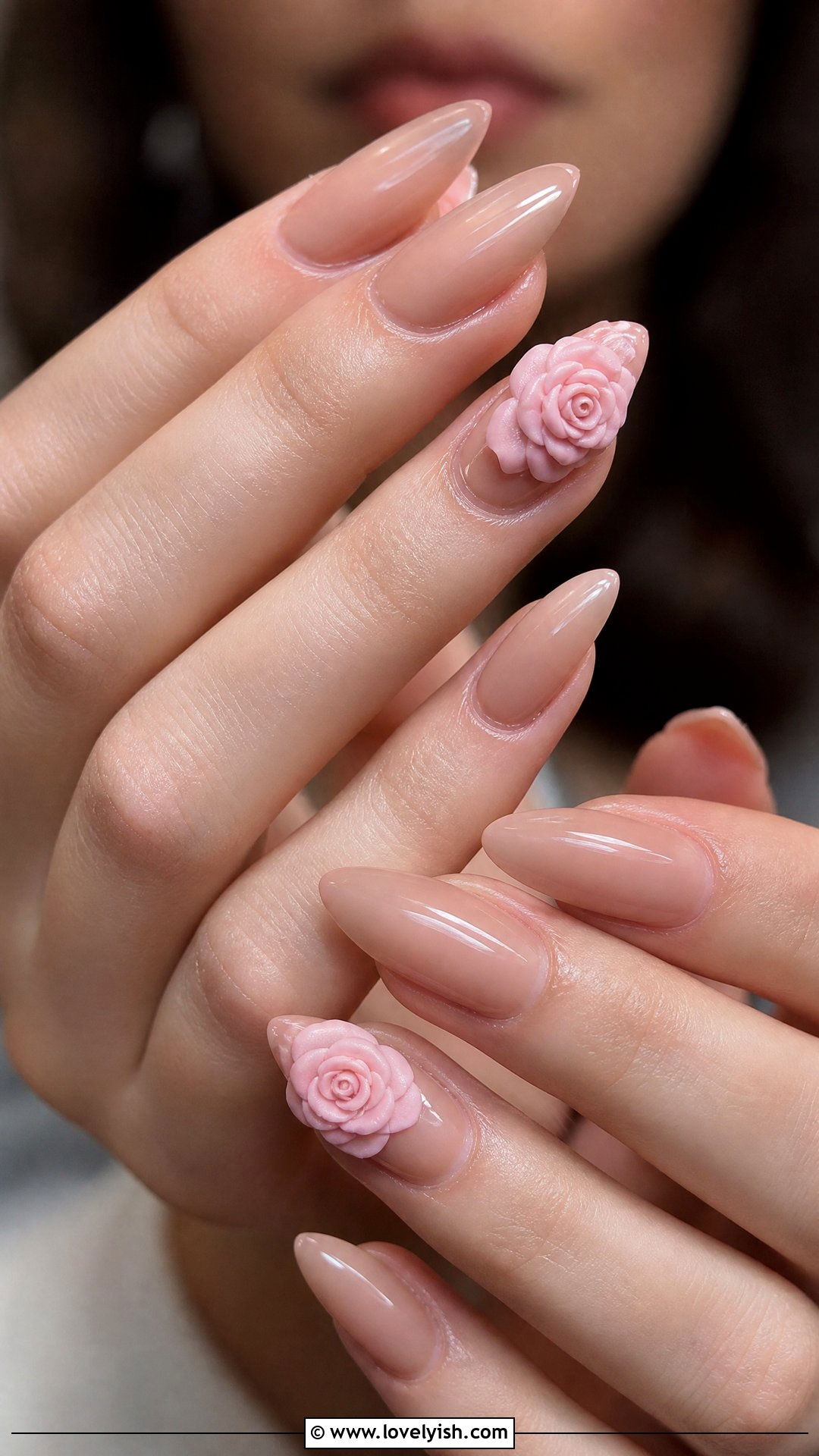 Nude Nails with 3D Roses - 50 mothers day nail designs - 50 mothers day nail designs