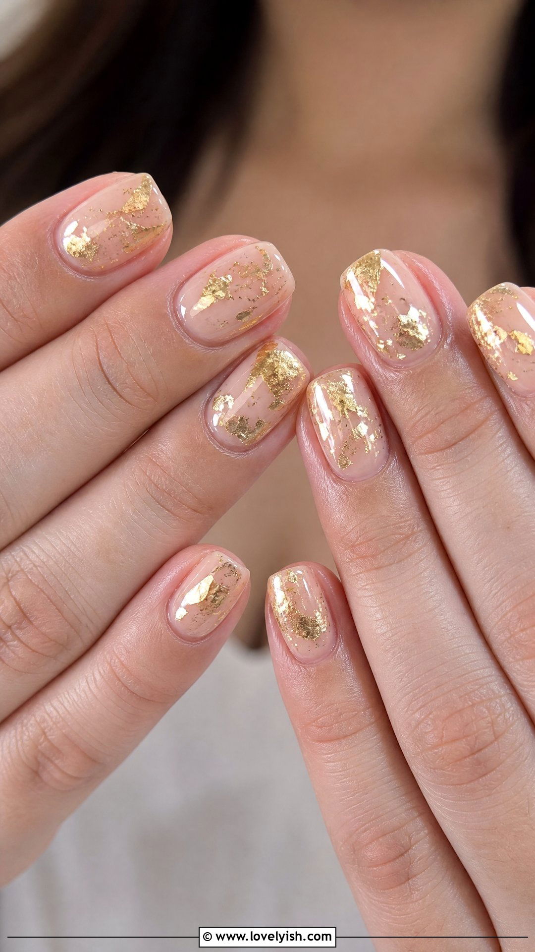 Nude Nails with Gold Foil - 50 easy spring nail designs - 50 easy spring nail designs