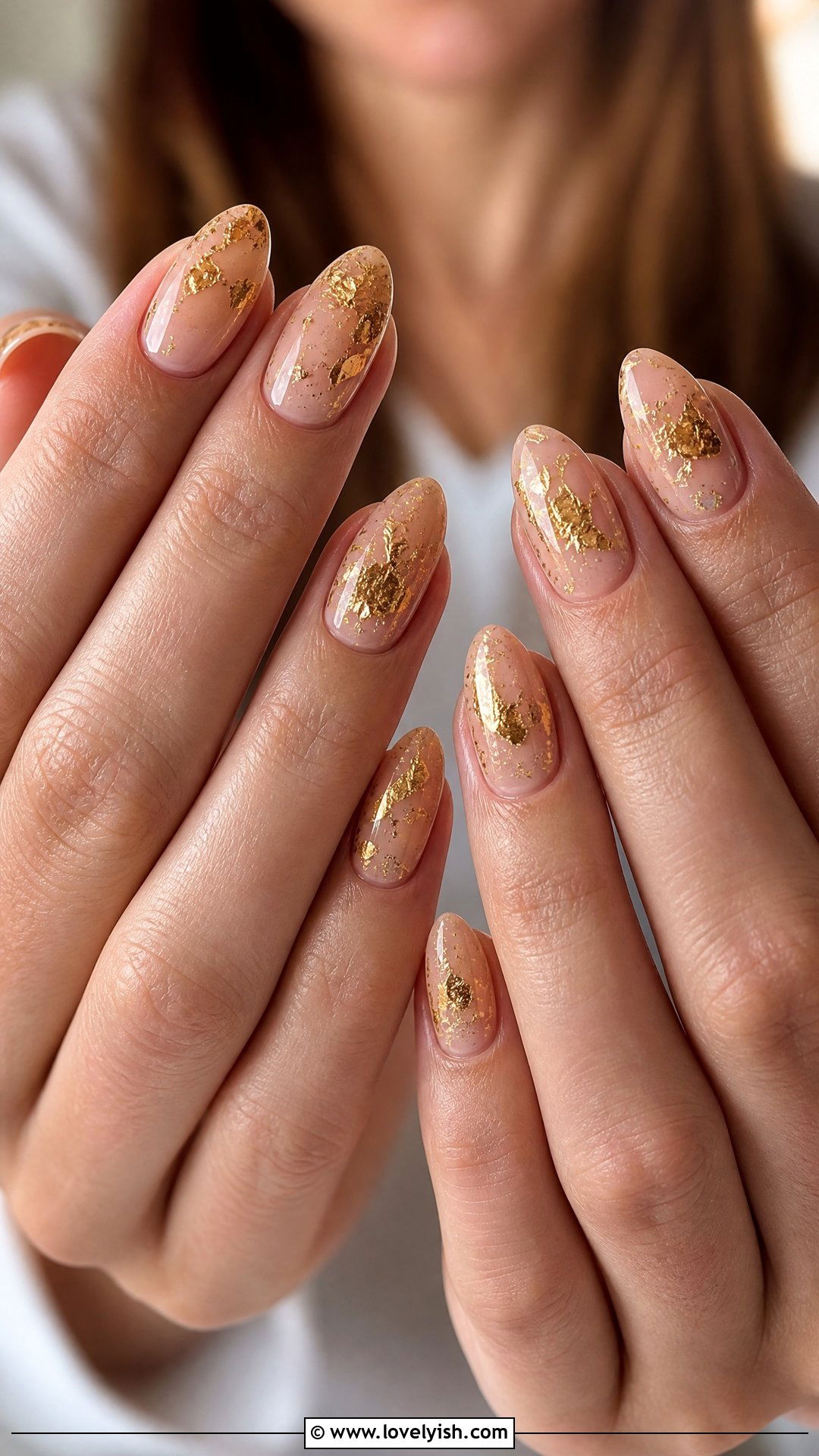 Nude Nails with Gold Foil Flecks - 25 beginner nail designs - 25 beginner nail designs