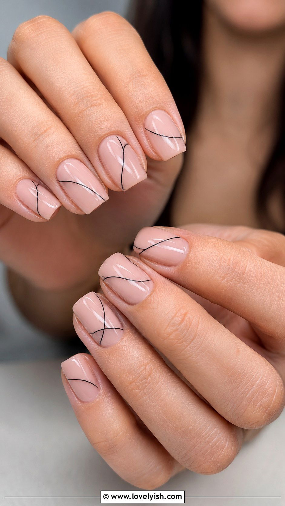 Nude Nails with Single Thin Black Line Art - 50 work appropriate nails - 50 work appropriate nails