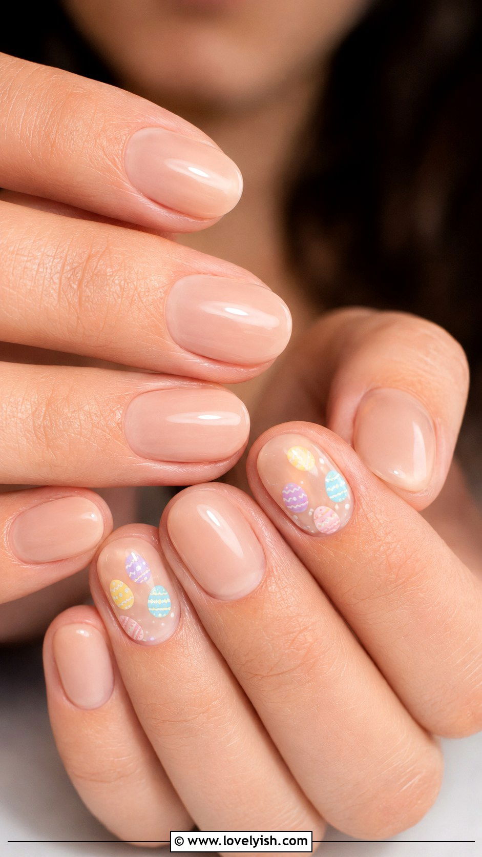 Nude Nails with Tiny Easter Egg Art - 38 easter nail art ideas - 38 easter nail art ideas