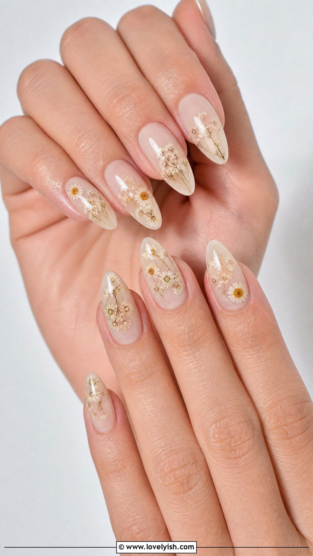 Nude Pressed Flower Nails - 42 spring nail ideas - 42 spring nail ideas