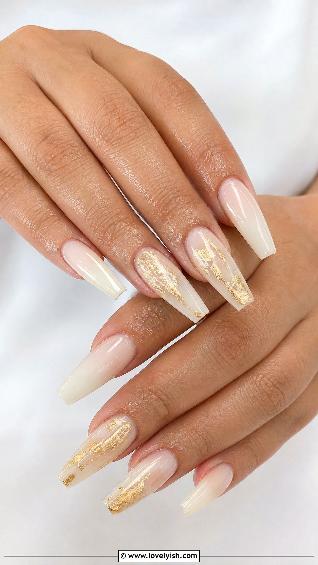 Nude With Gold Foil Coffin Nails - 25 coffin nail designs - 25 coffin nail designs
