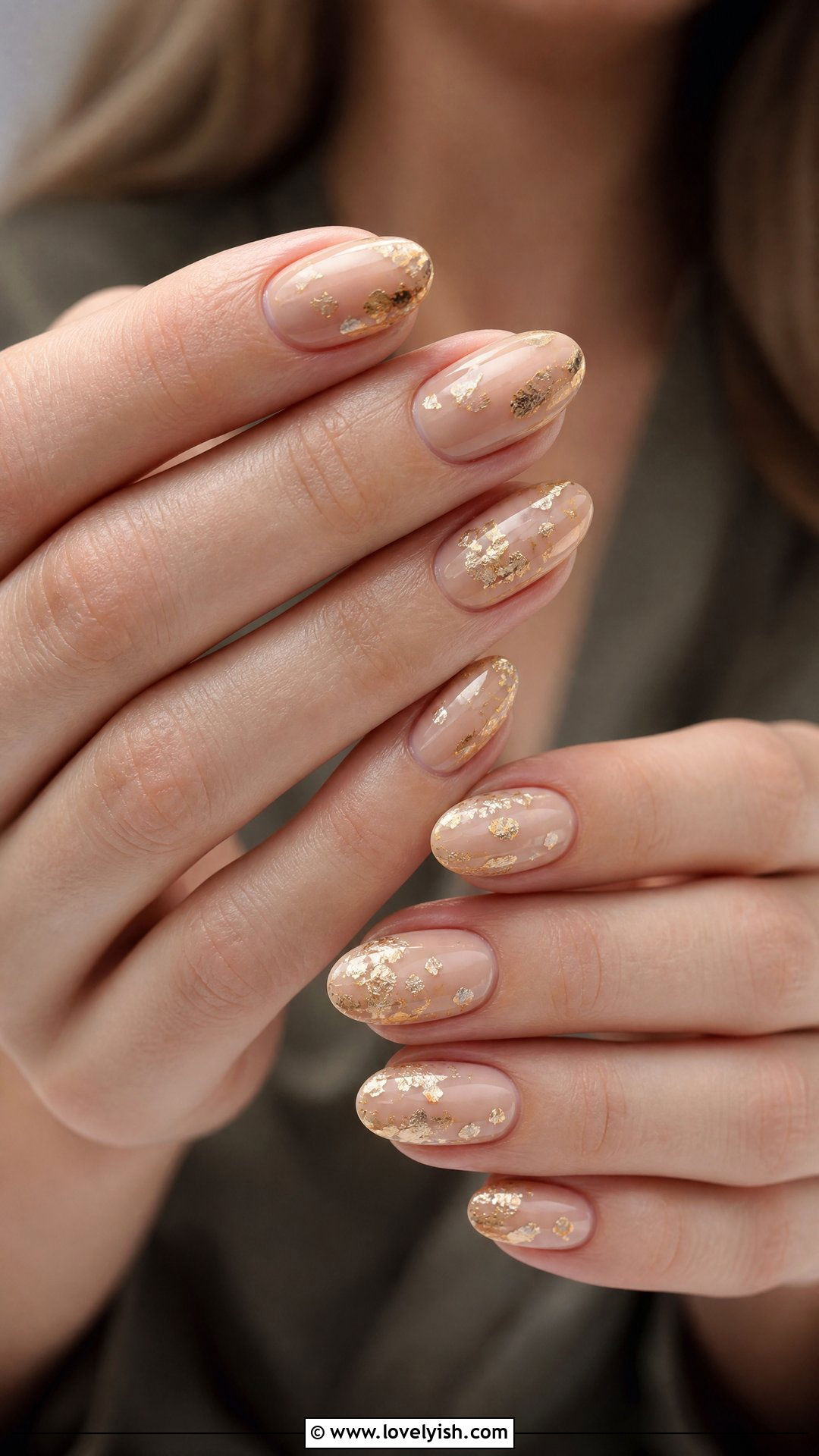 Nude With Gold Foil Oval Nails - 50 oval nails - 50 oval nails