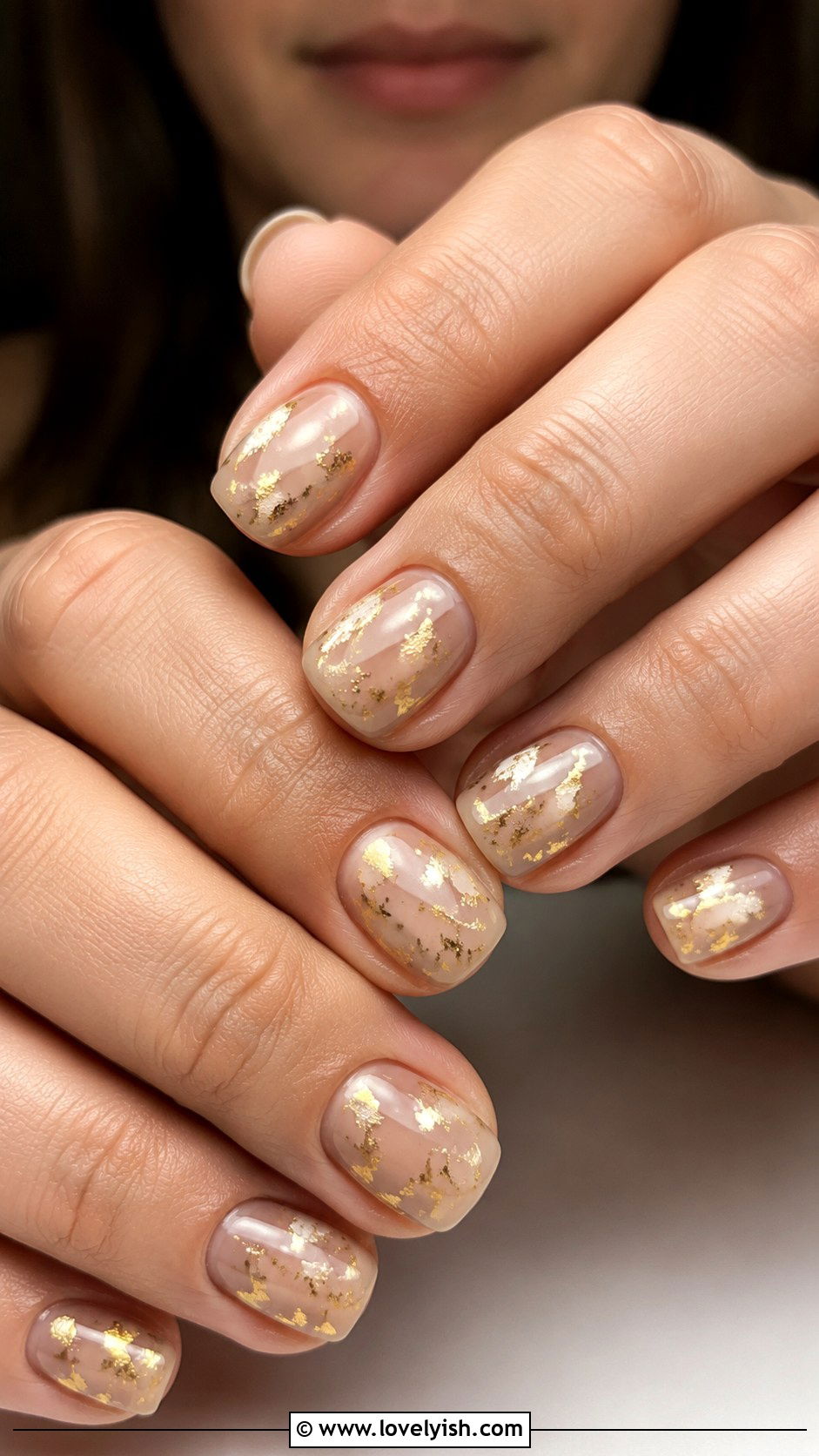 Nude With Gold Foil Short Square Nails - 25 short square nail designs - 25 short square nail designs