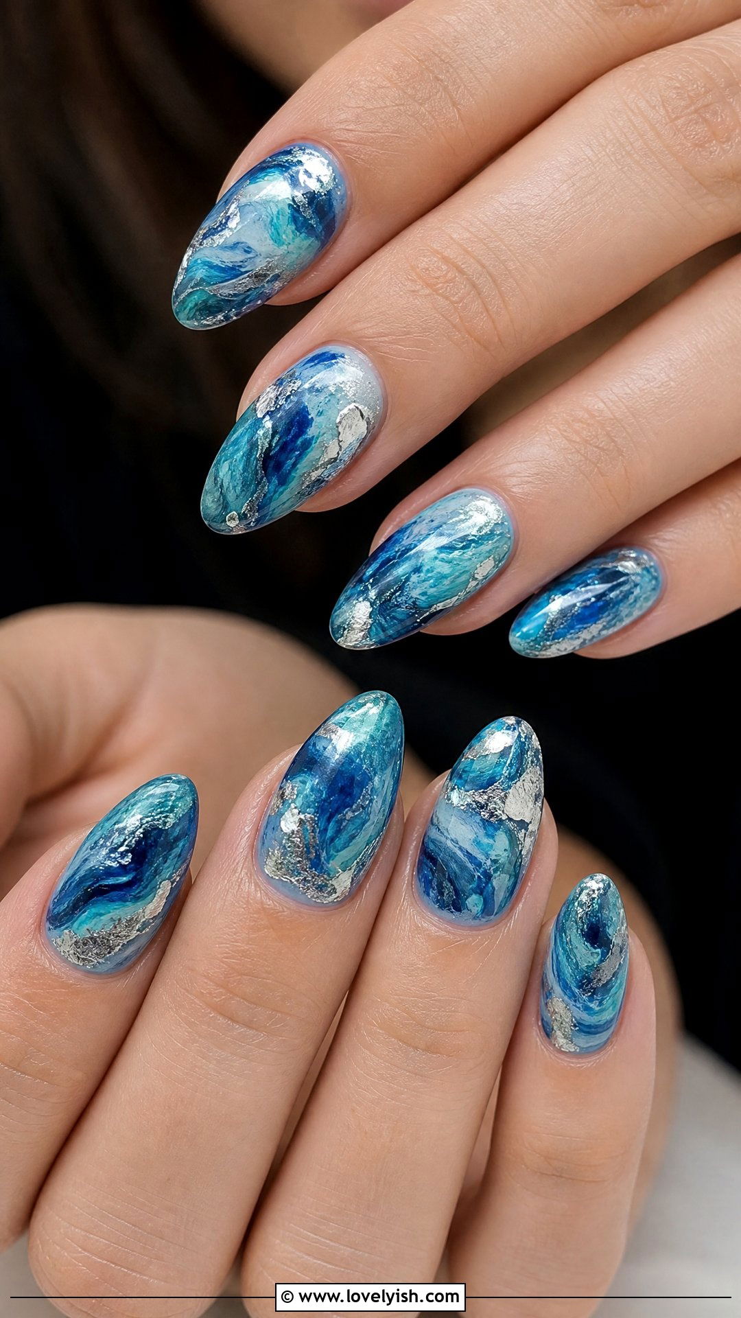 Ocean Blue Foil Marble Nails - 43 summer nail designs - 43 summer nail designs