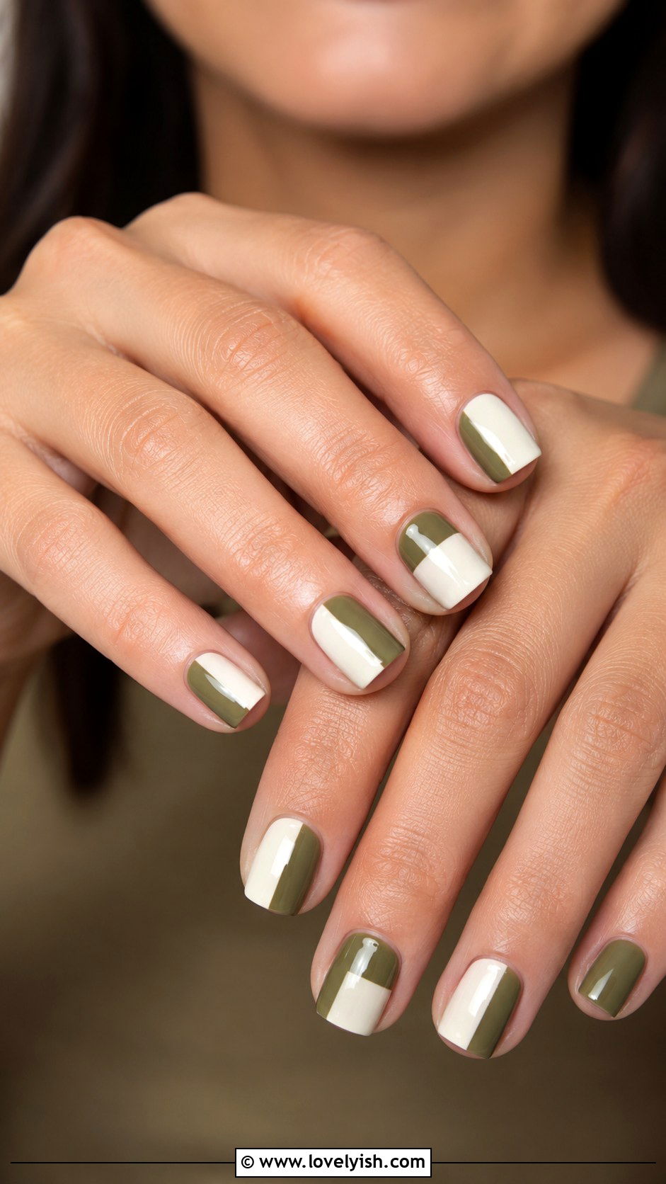 Olive and Cream Color Block Nails - 50 green nails - 50 green nails