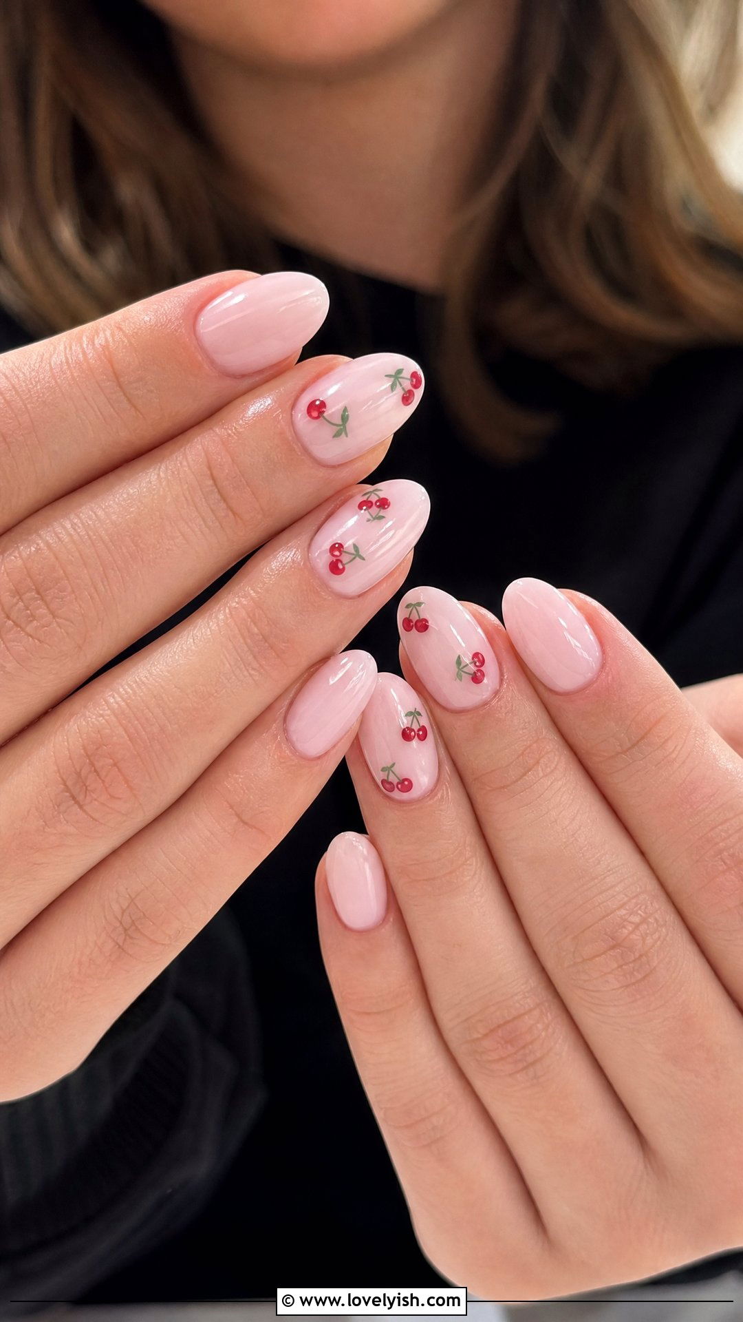 Pale Pink Cherry Accent Nails - 46 easy nail designs - 46 easy nail designs