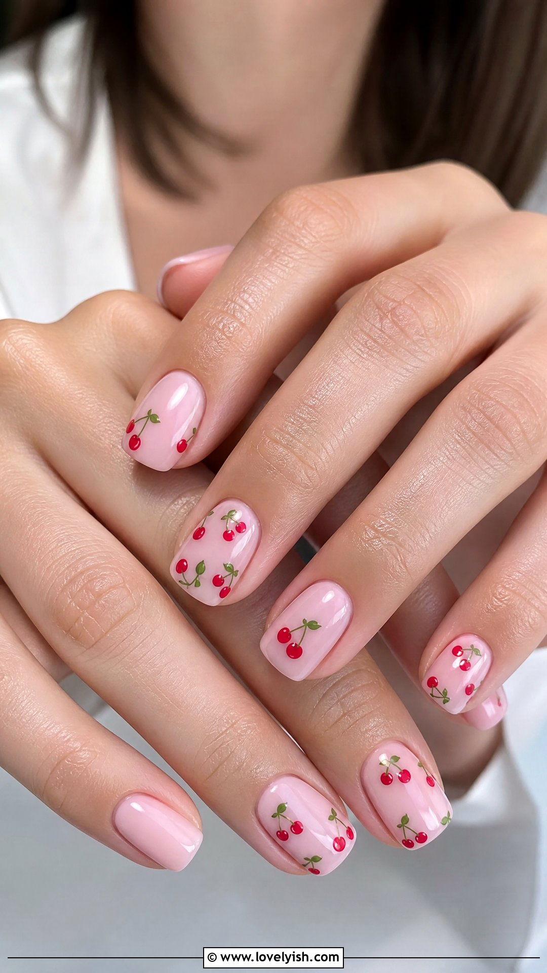 Pale Pink Nails With Cherry Decal - 50 dainty nails - 50 dainty nails