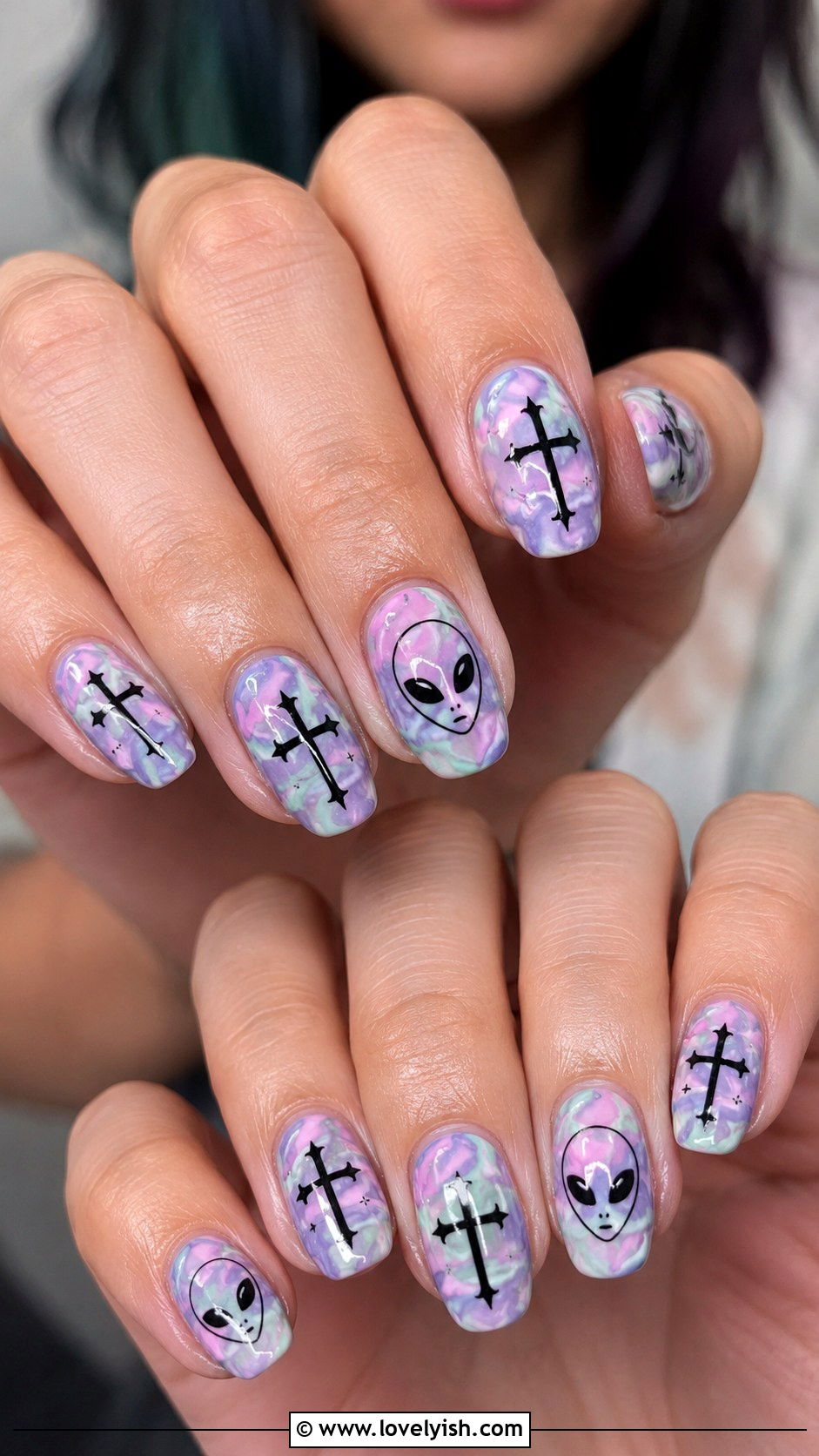Pastel Goth Alien and Cross Nails - 50 tumblr nail designs - 50 tumblr nail designs