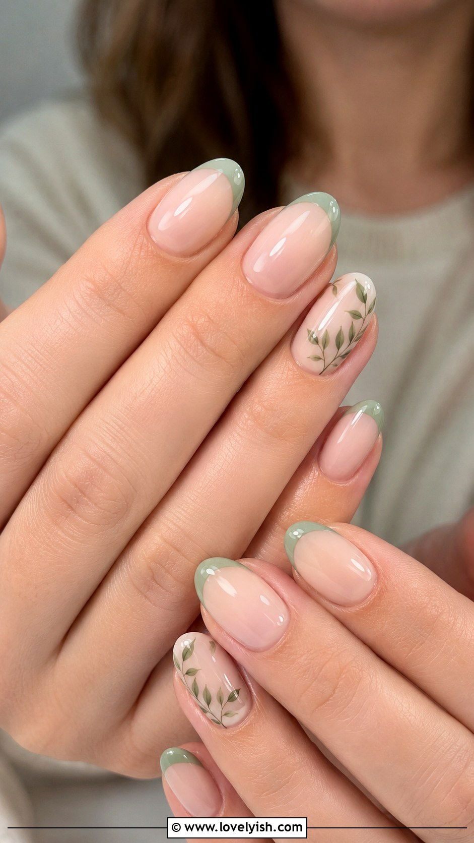 Pastel Green French Tips With Leaf Details - 50 pastel french tip nails - 50 pastel french tip nails
