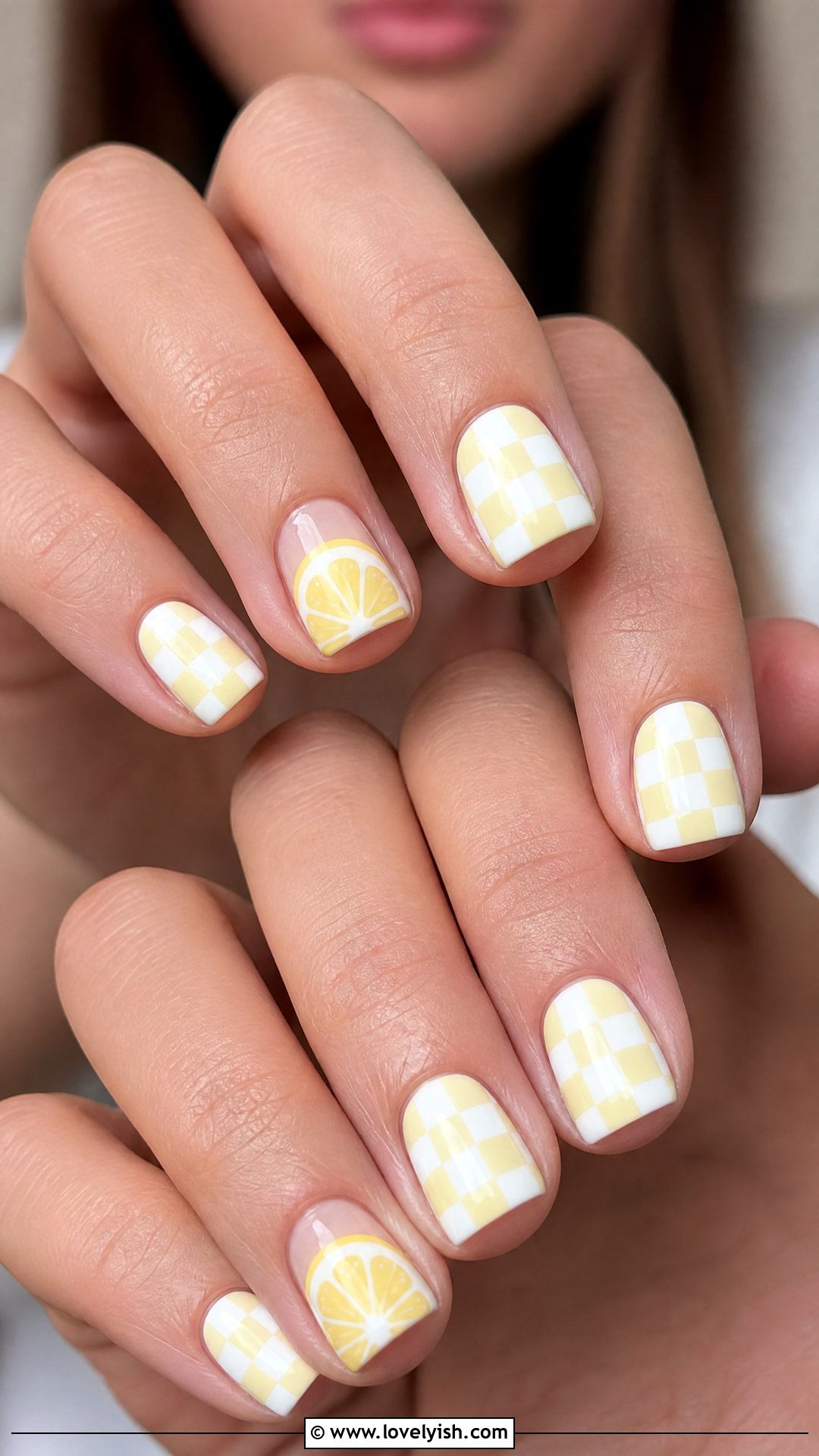 Pastel Lemon Checkerboard Nails - 50 lemon nail design ideas - 50 lemon nail design ideas