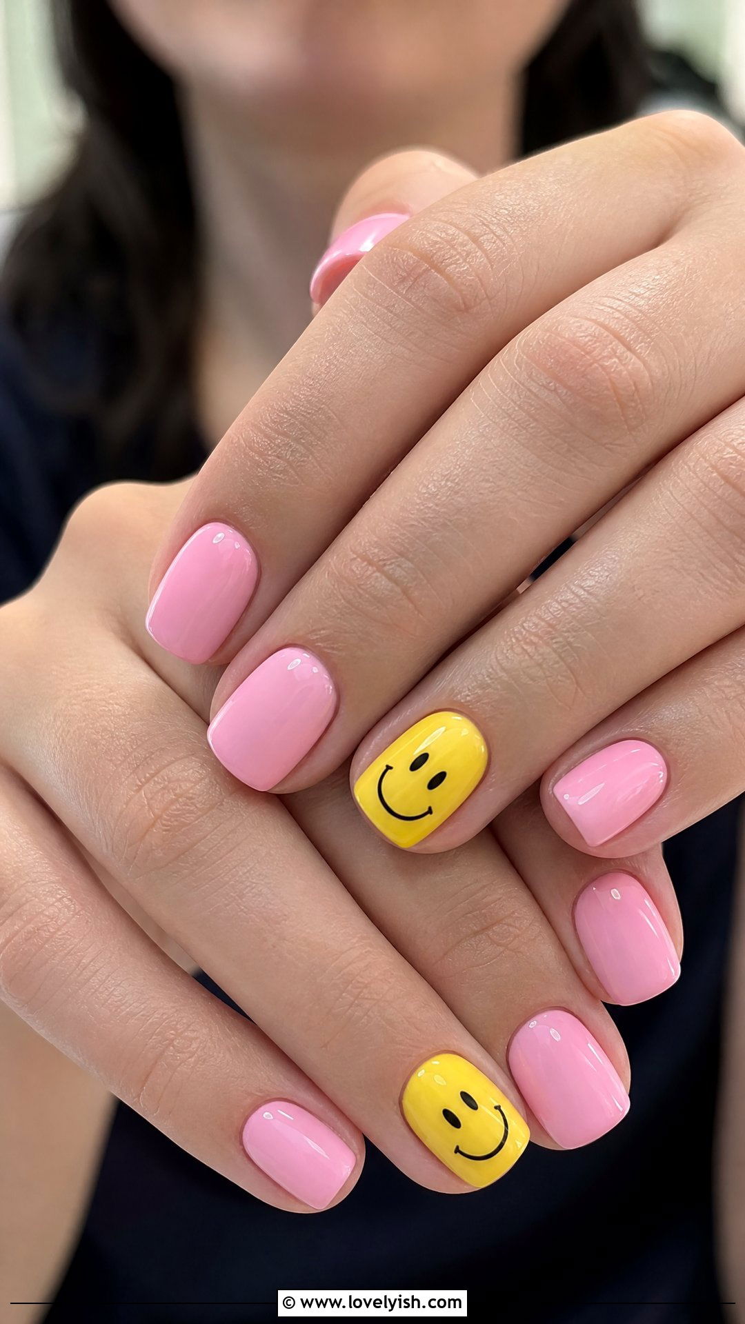 Pastel Pink Base With Yellow Smiley Accents - 50 smiley face nails - 50 smiley face nails
