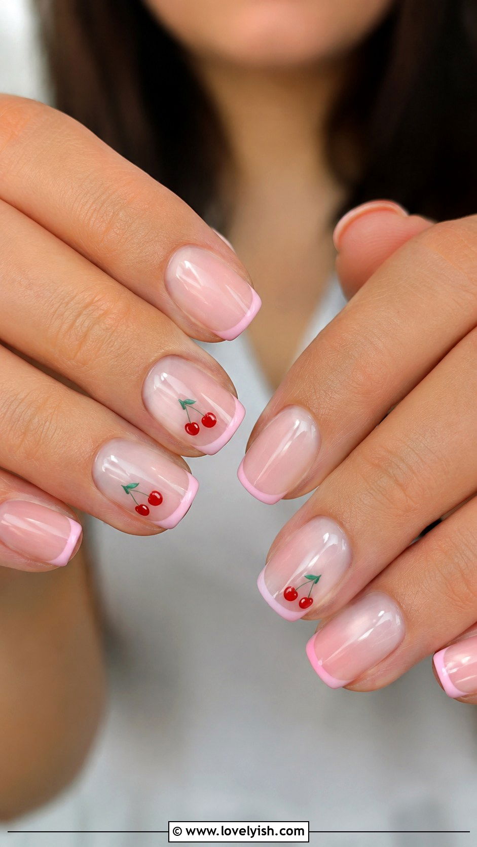 Pastel Pink French Tips With Cherry Accents - 50 pastel french tip nails - 50 pastel french tip nails