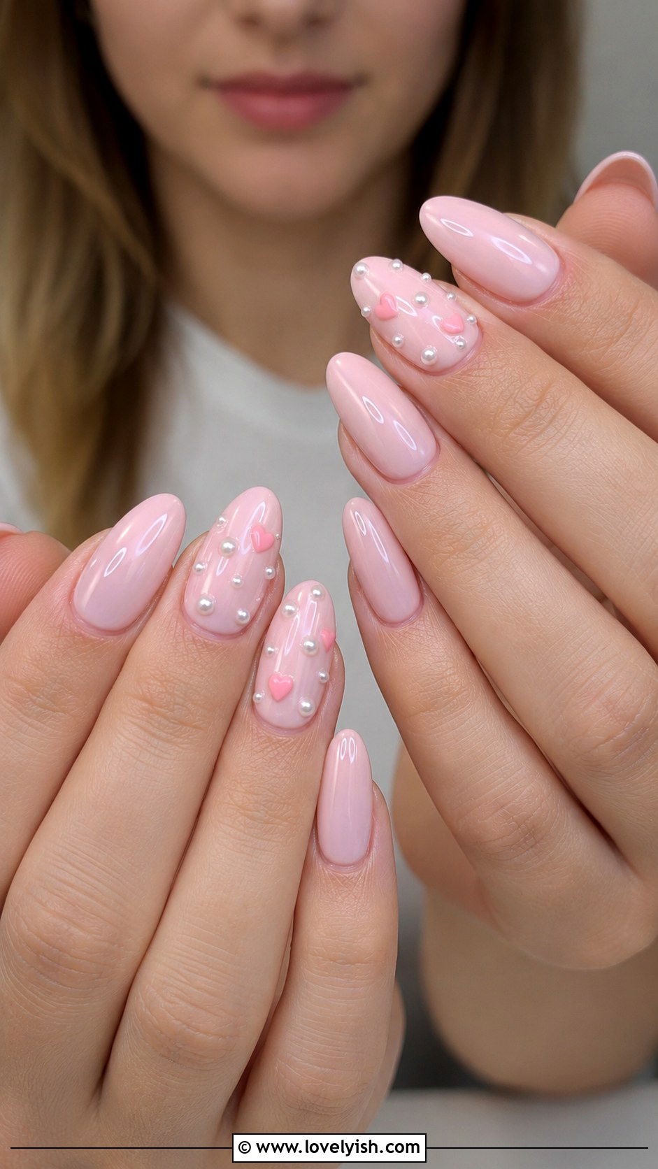 Pastel Pink With Pearls and Hearts Almond Nails - 50 long pink nails - 50 long pink nails
