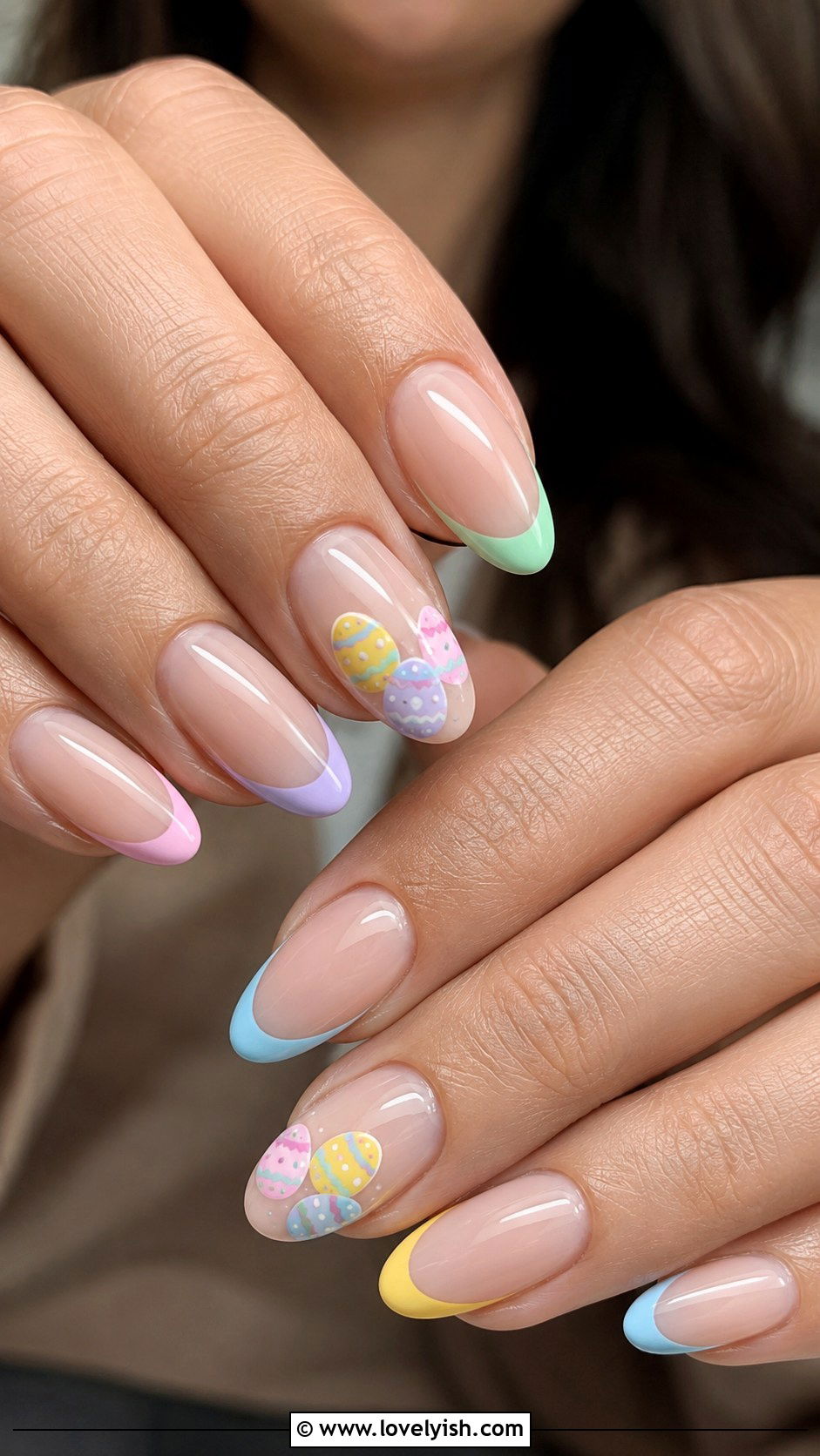 Pastel Rainbow French Tips with Easter Egg Accents - 38 easter nail art ideas - 38 easter nail art ideas