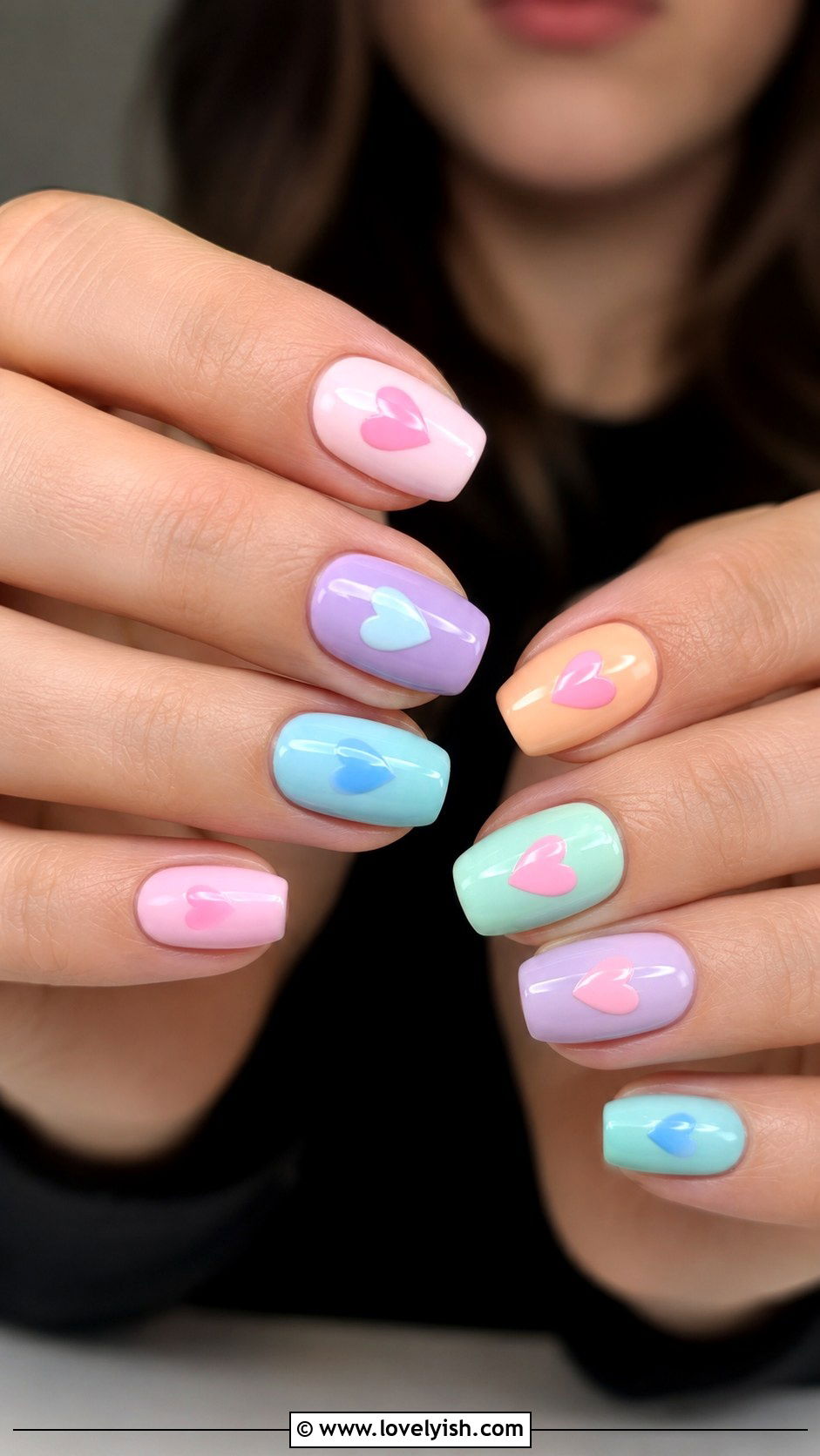 Pastel Rainbow Heart Skittle Nails - 25 heart nail designs - 25 heart nail designs