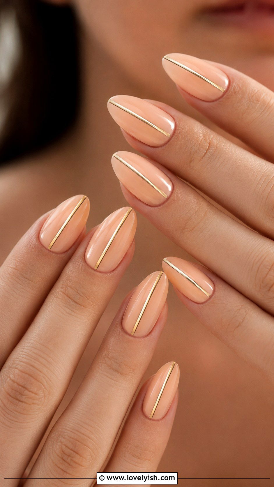 Peach Almond Nails with Gold Stripe - 50 peach nail designs - 50 peach nail designs
