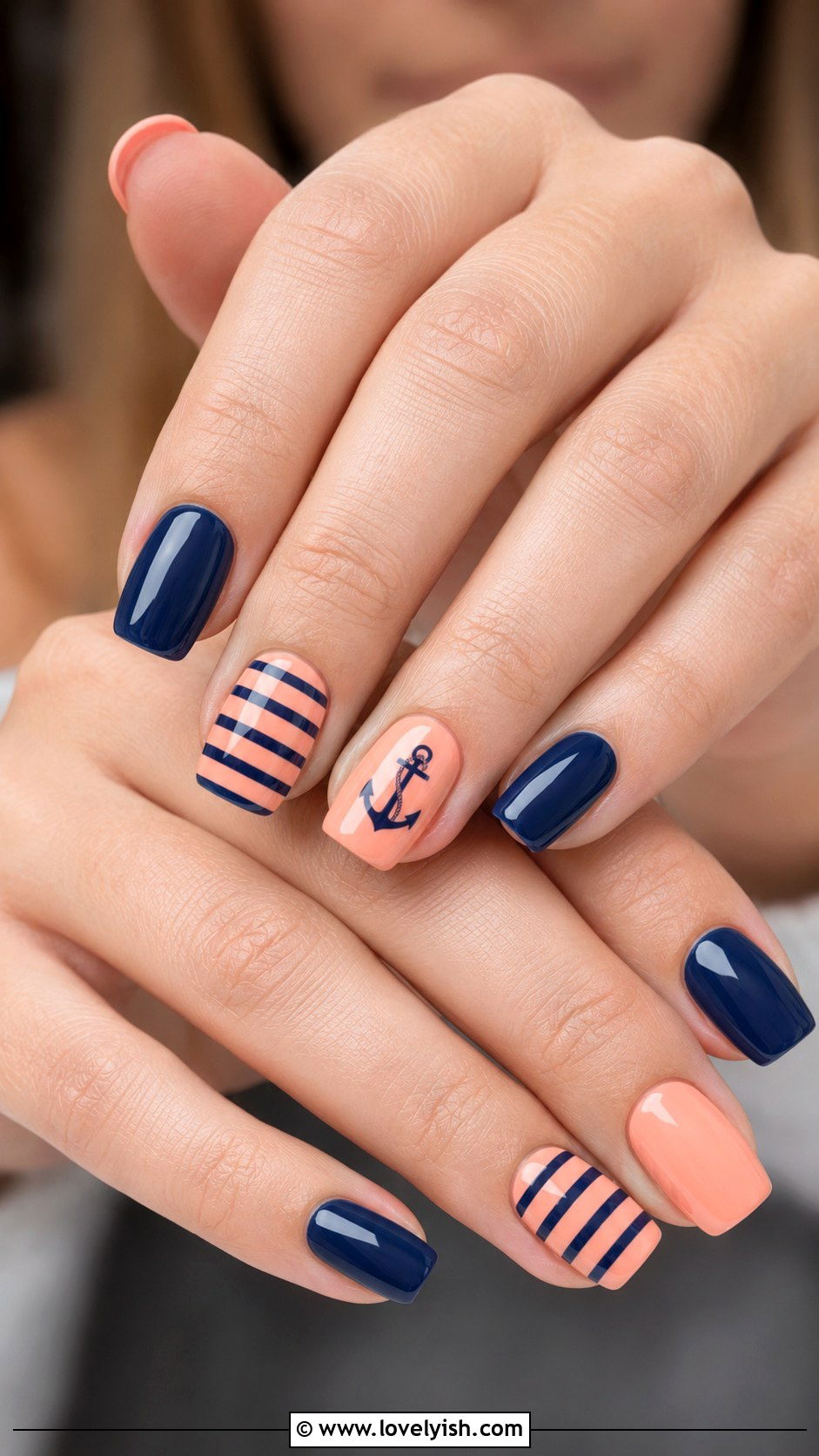 Peach Anchor With Navy Stripes - 50 anchor nail designs - 50 anchor nail designs