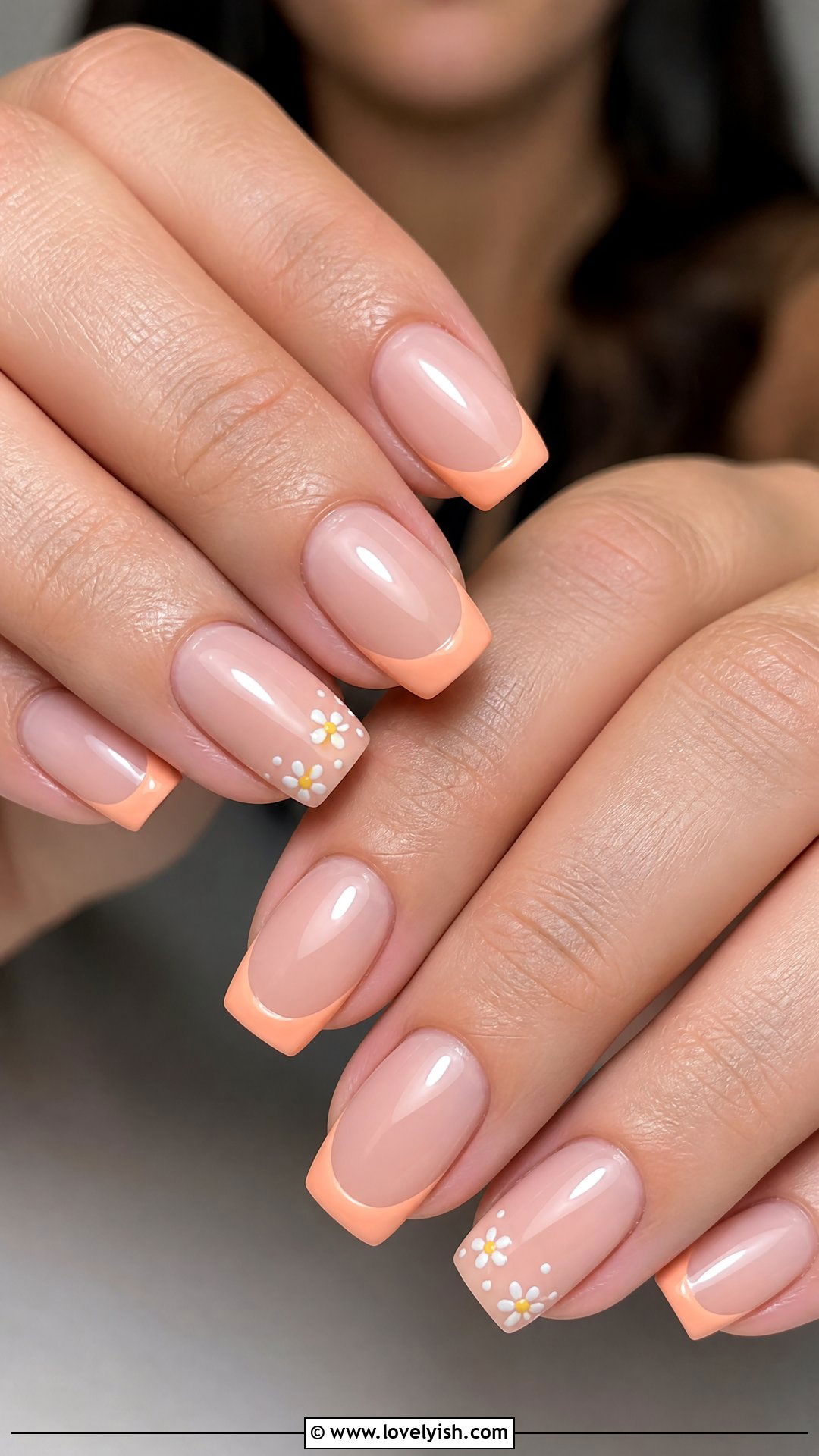 Peach French Tip Floral Nails - 50 easy spring nail designs - 50 easy spring nail designs