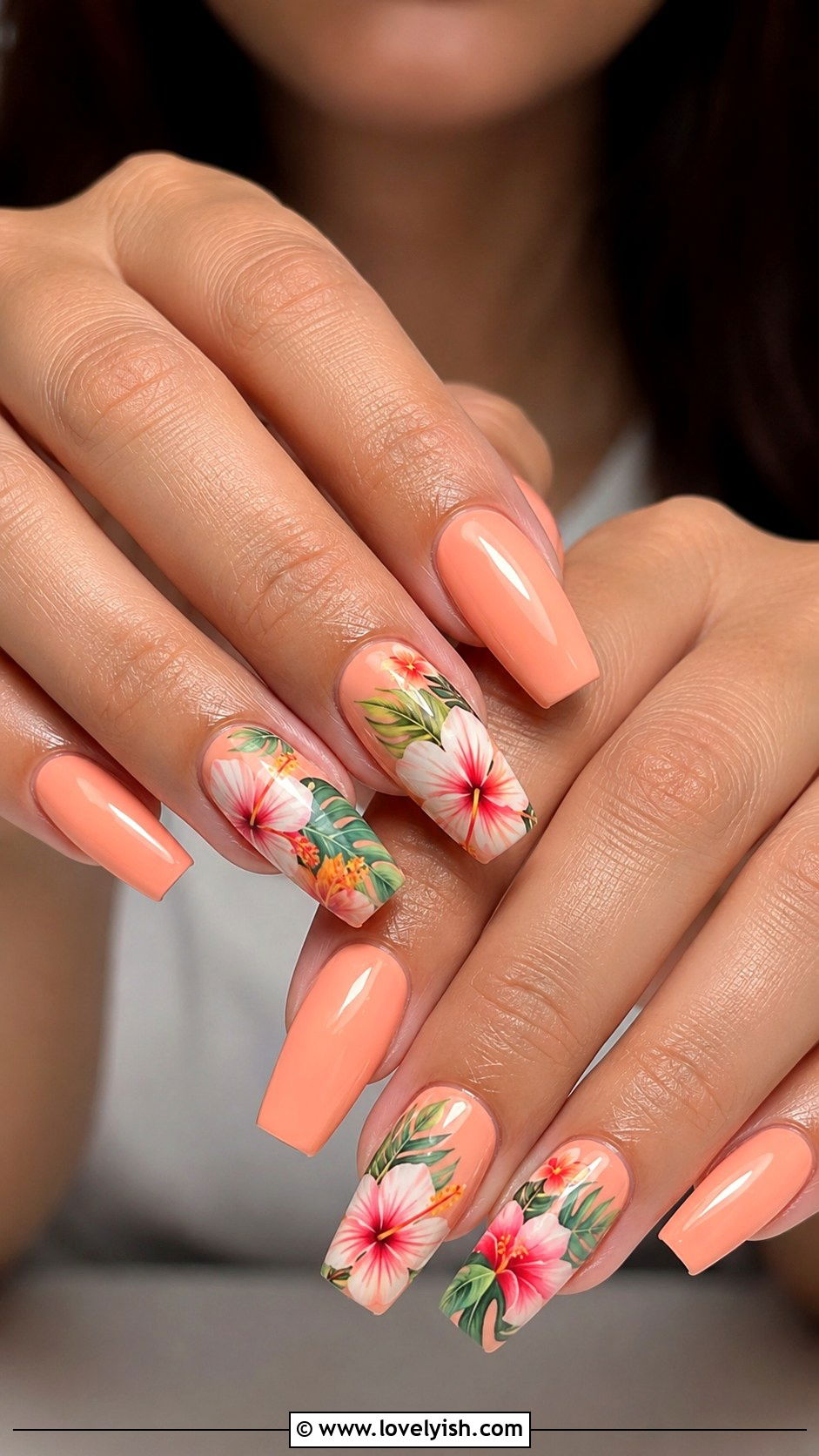 Peach Hibiscus Floral Nails - 50 peach nail designs - 50 peach nail designs