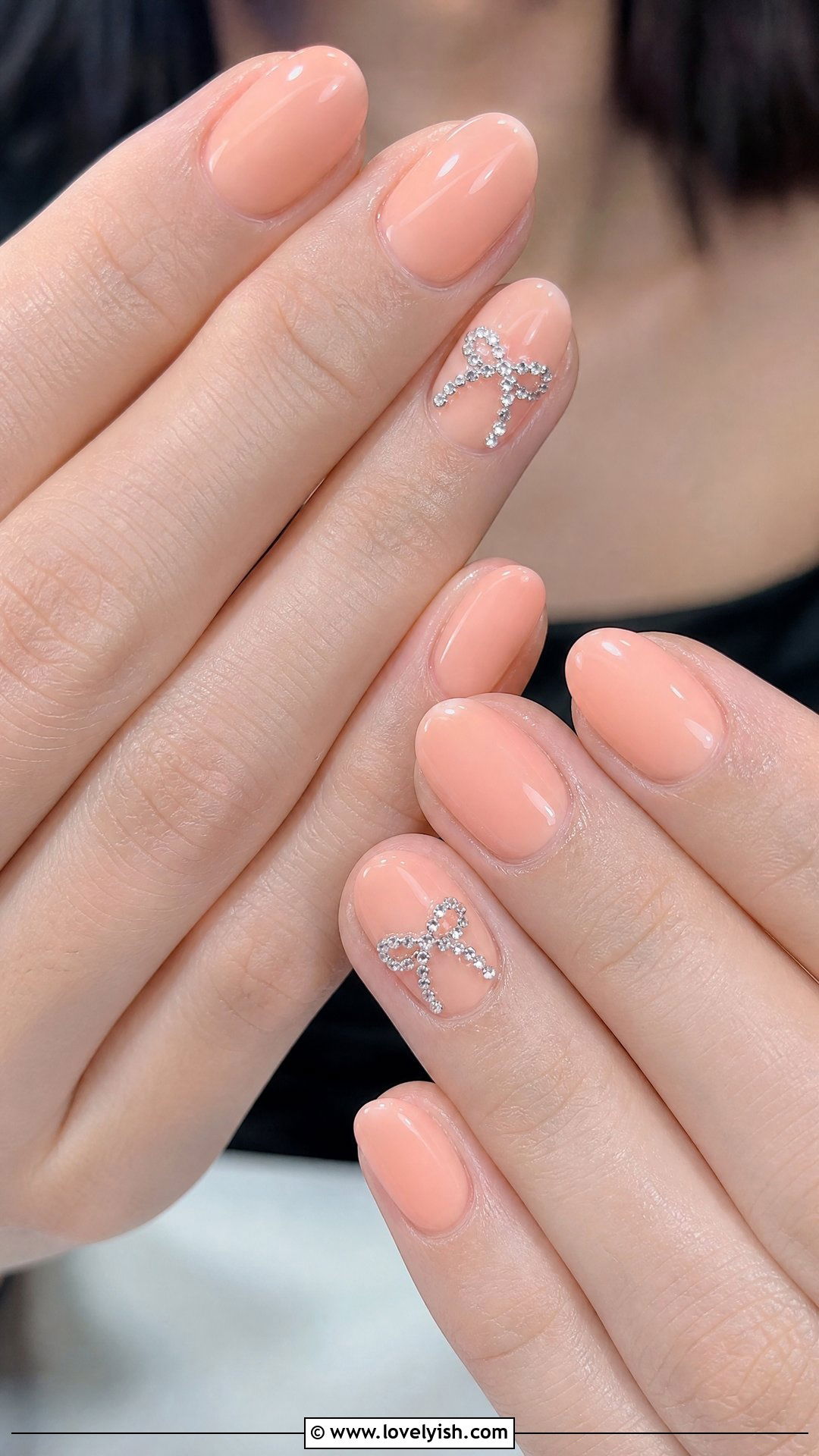 Peach Nails With Diamond Bow - 30 nail designs with diamonds - 30 nail designs with diamonds