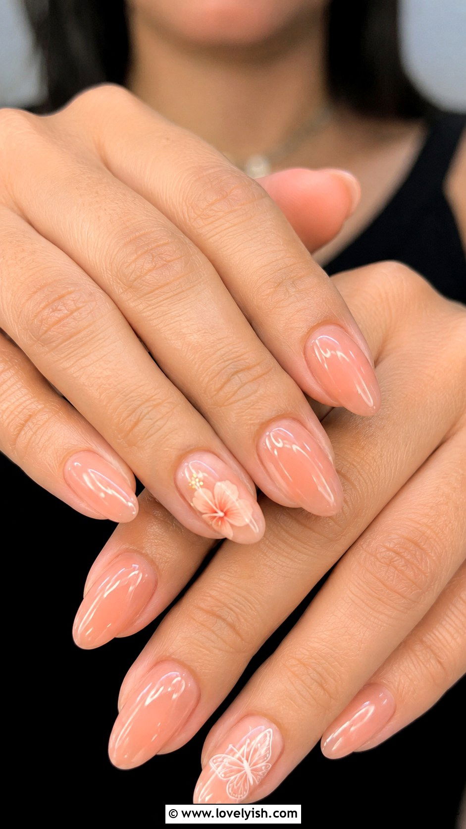 Peach Nails With Hibiscus and Butterfly Details - 50 vacation nails - 50 vacation nails