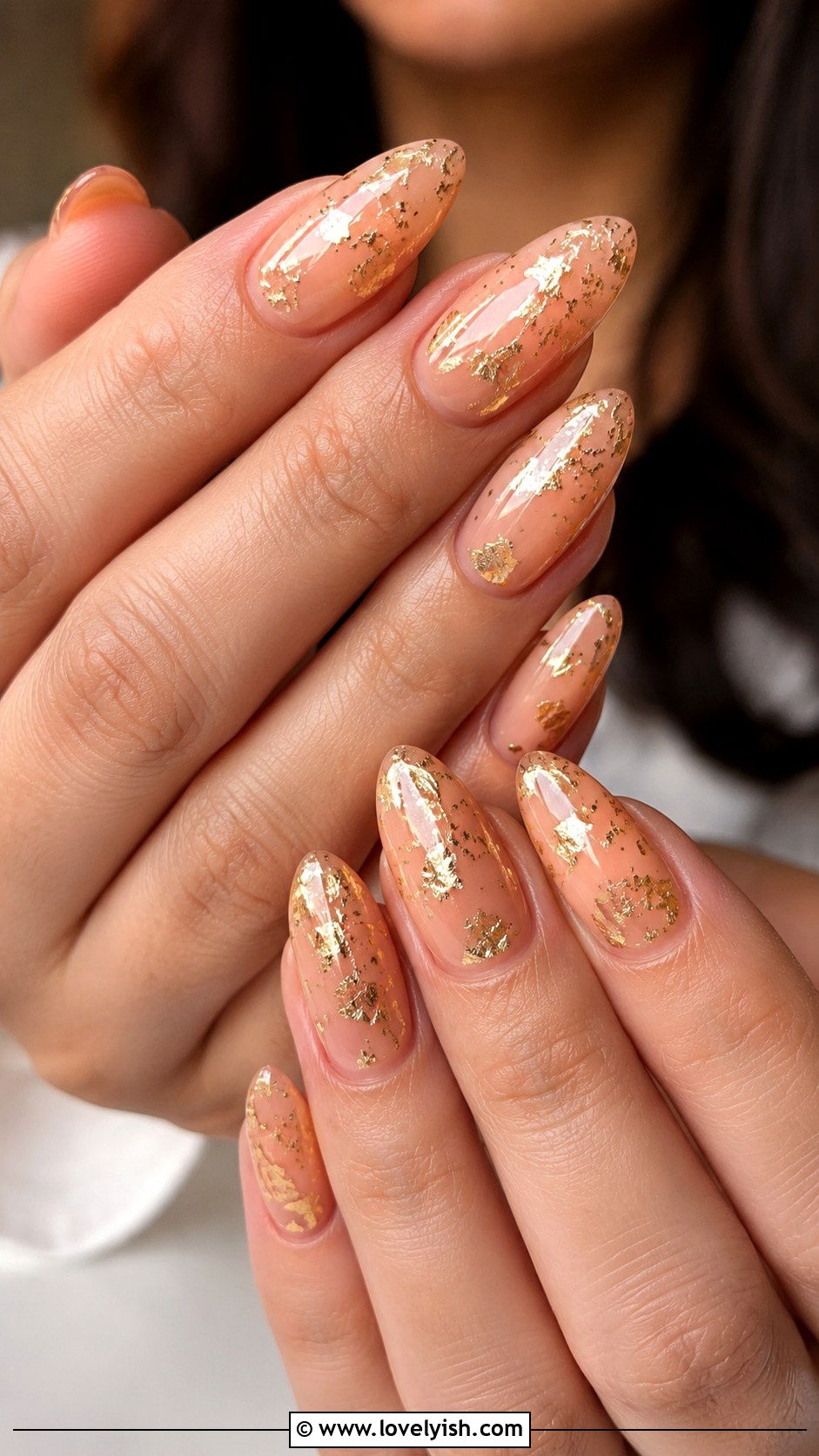 Peach and Gold Foil Nails - 50 peach nail designs - 50 peach nail designs