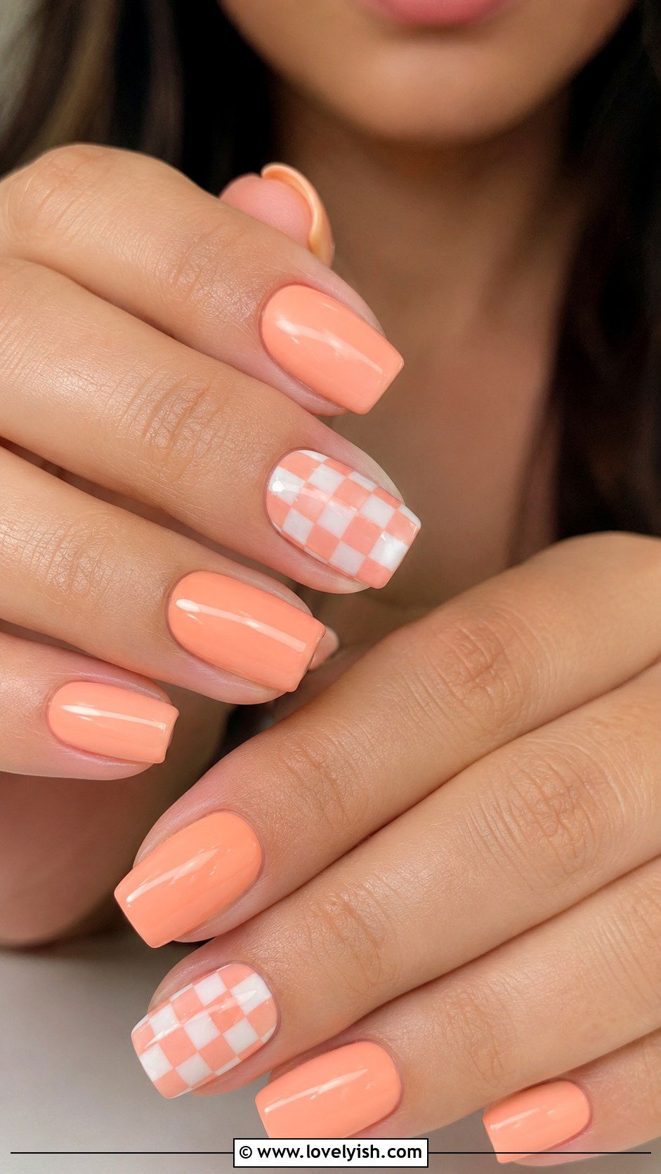 Peach and White Checkered Nails - 50 peach nail designs - 50 peach nail designs
