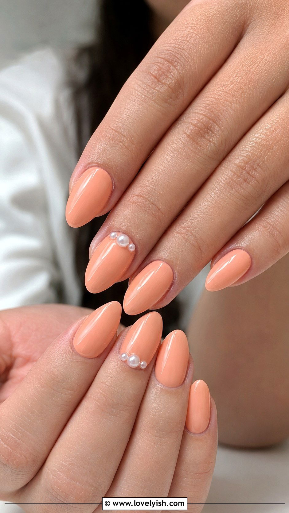 Peach with Pearl Accent Nails - 50 peach nail designs - 50 peach nail designs