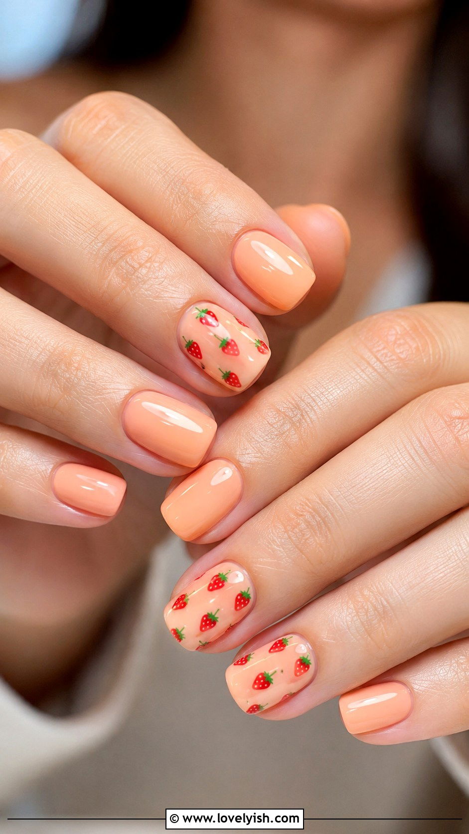 Peach with Strawberry Print Nails - 50 peach nail designs - 50 peach nail designs