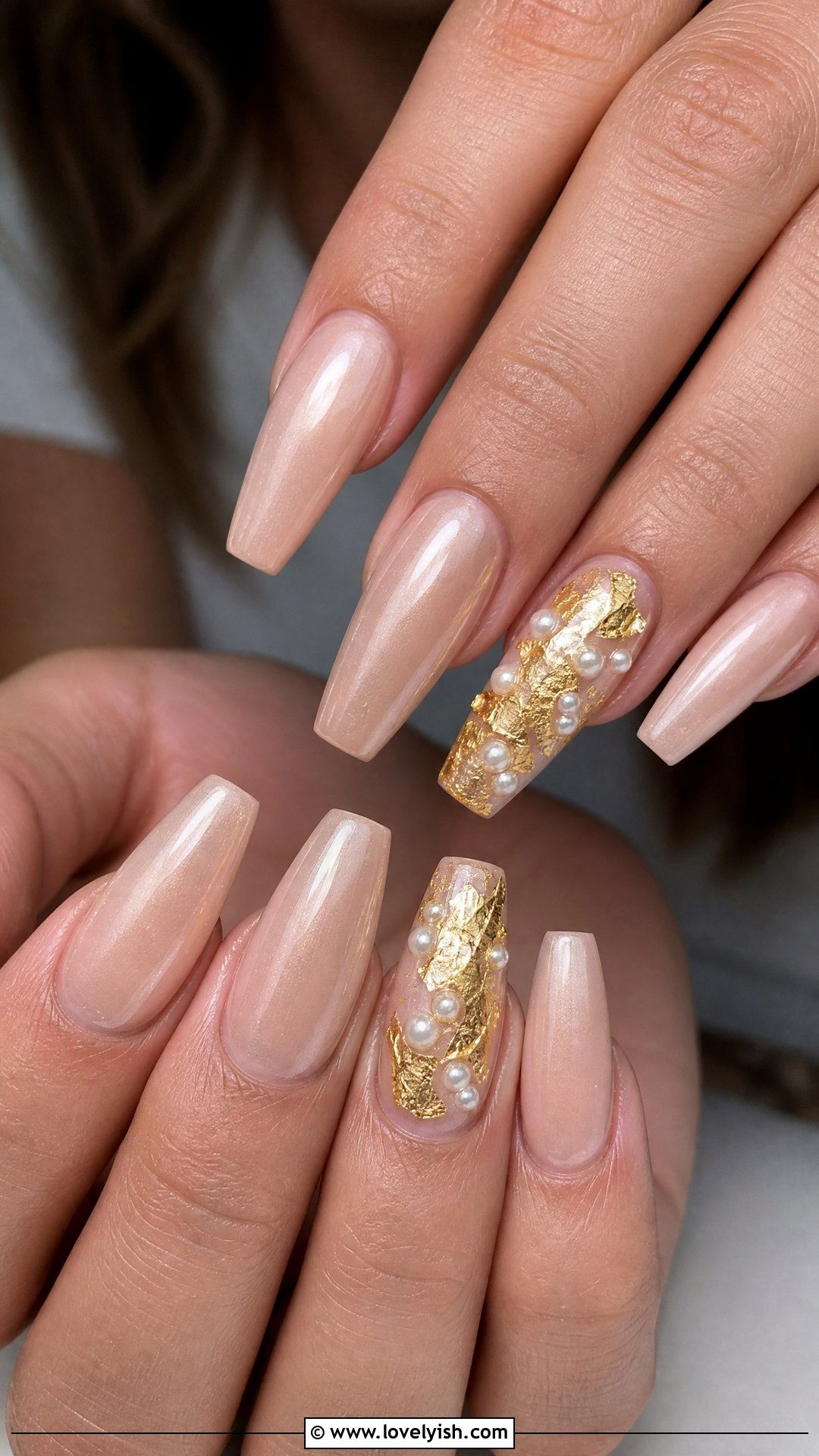 Pearl And Gold Foil Nails - 50 pearl nails - 50 pearl nails