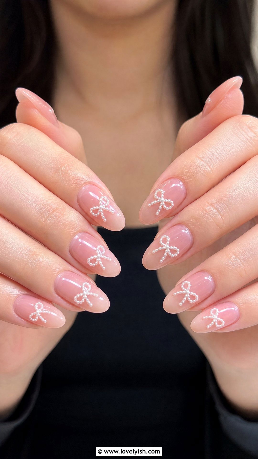 Pearl Bow Nails on Sheer Pink - 25 bow nail design ideas - 25 bow nail design ideas