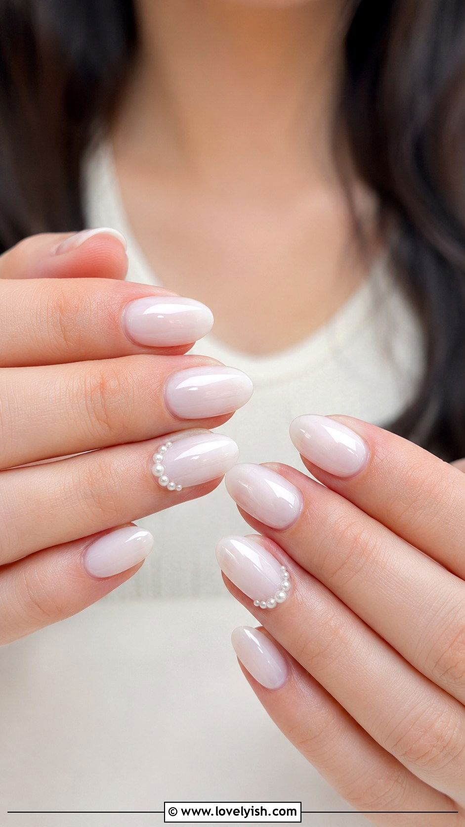 Pearl Embellished Milky Nails - 25 cute nail design ideas - 25 cute nail design ideas