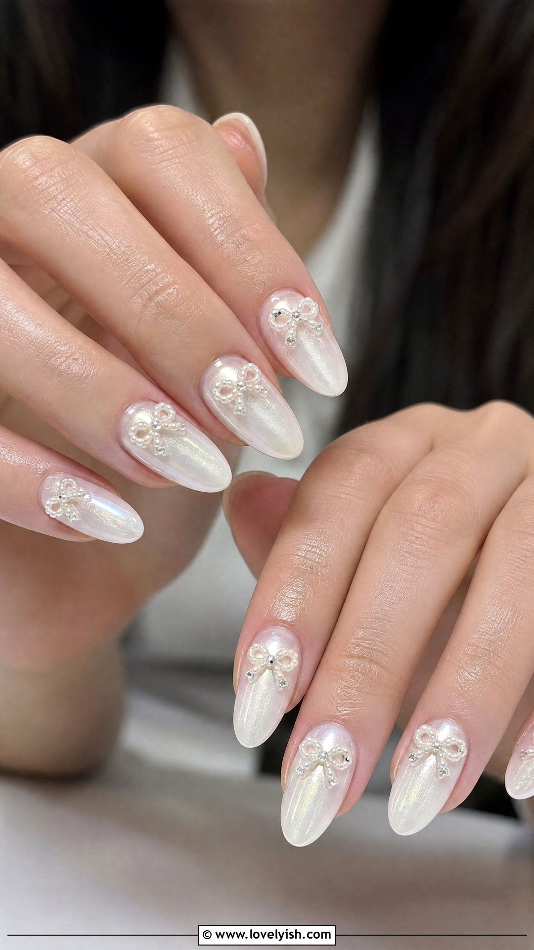 Pearl White Birthday Nails with 3D Bows - 25 birthday nail ideas - 25 birthday nail ideas