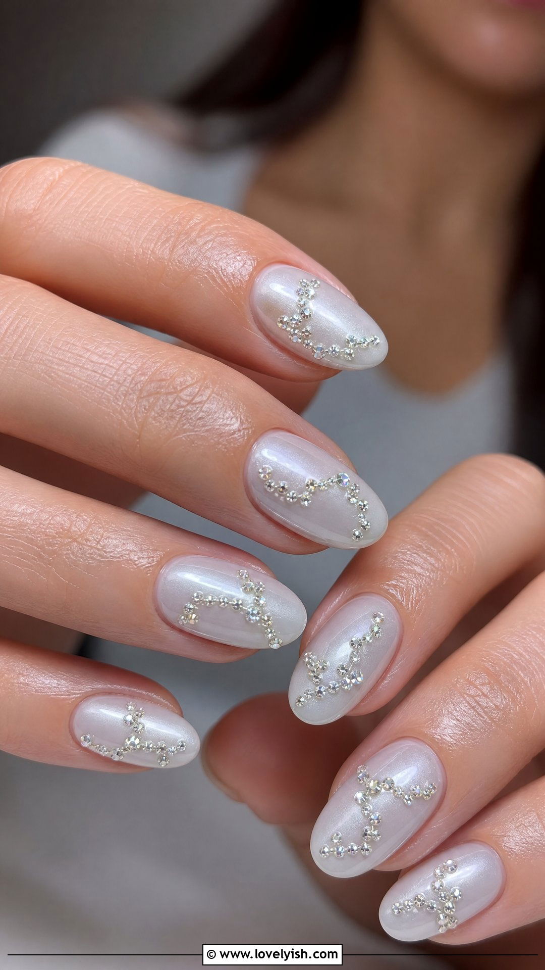 Pearl White Nails With Crystal Rhinestone Vines - 29 nail designs with rhinestones - 29 nail designs with rhinestones