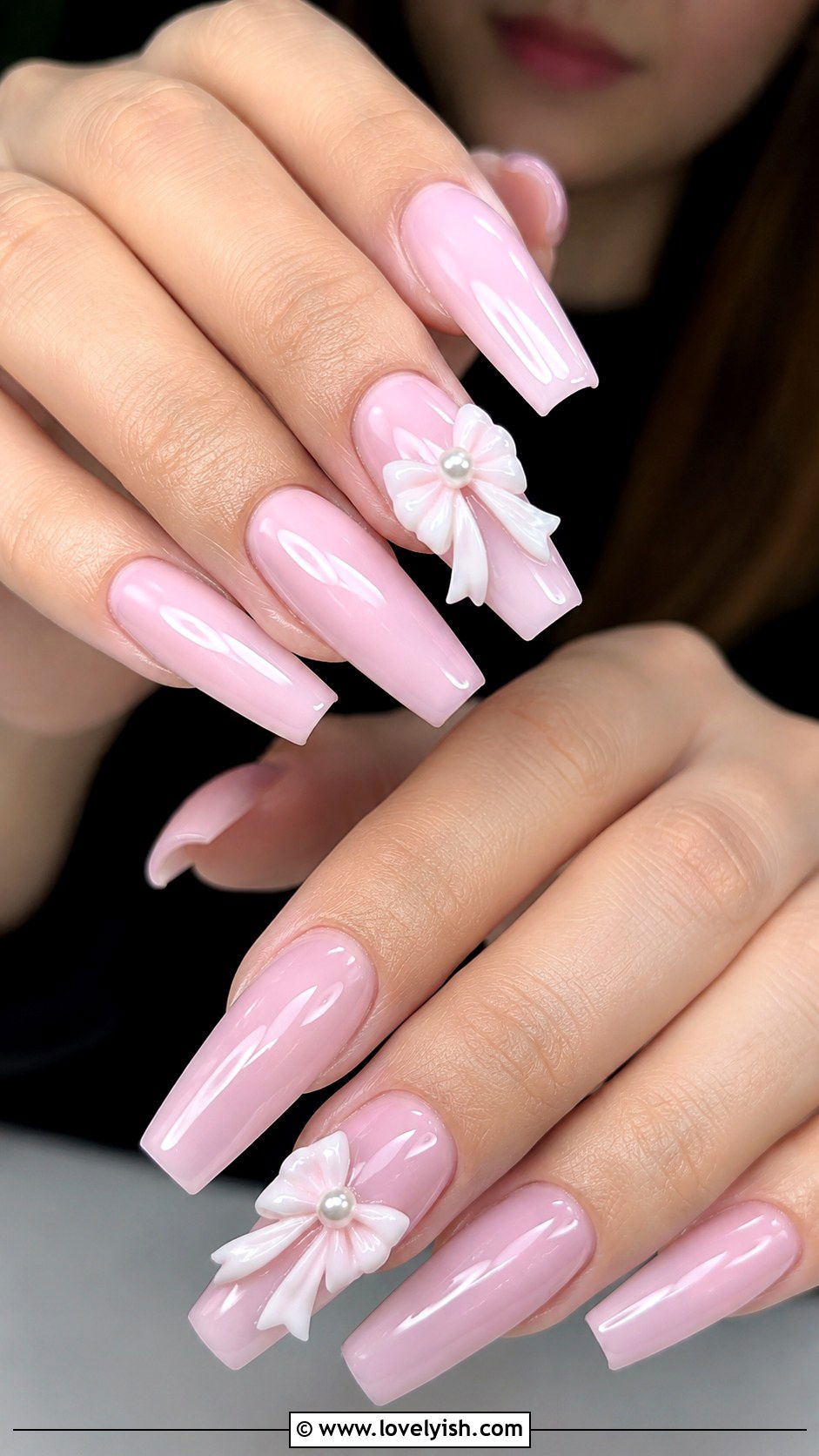 Pink 3D Bow Coffin Nails - 50 long pink nails - 50 long pink nails