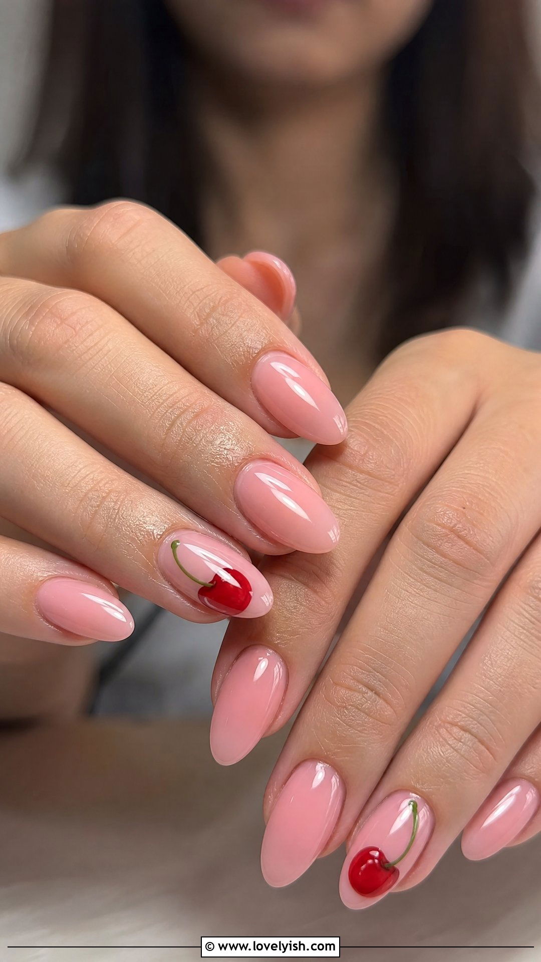 Pink Base with Red Cherry Accent - 50 red and pink nail designs - 50 red and pink nail designs