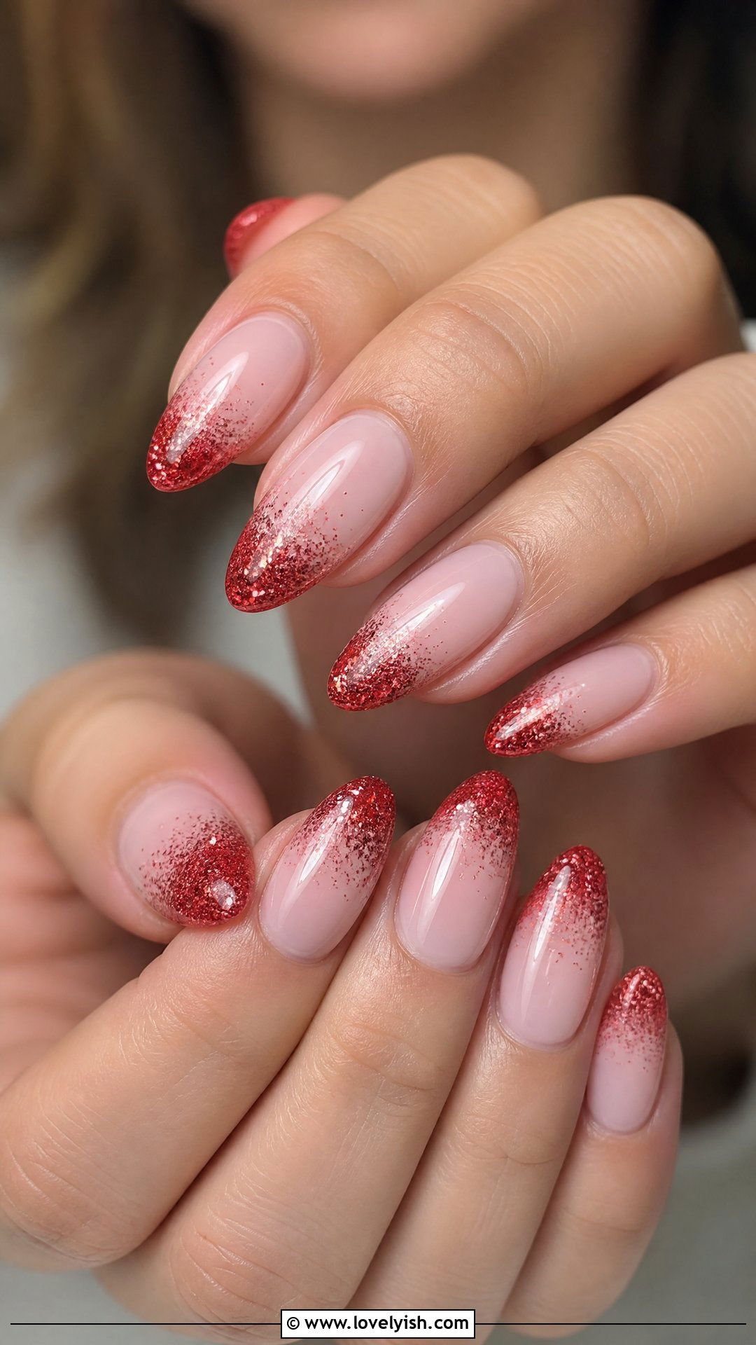 Pink Base with Red Glitter Tips - 50 red and pink nail designs - 50 red and pink nail designs