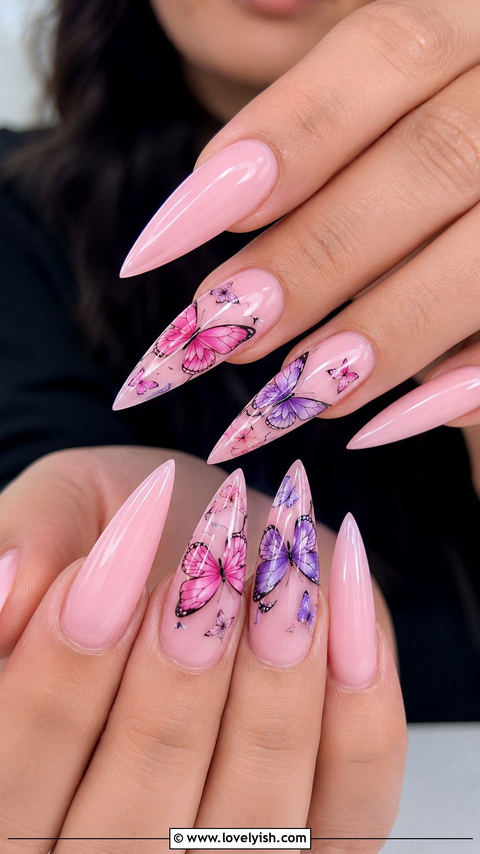Pink Butterfly Stiletto Nails - 50 long pink nails - 50 long pink nails