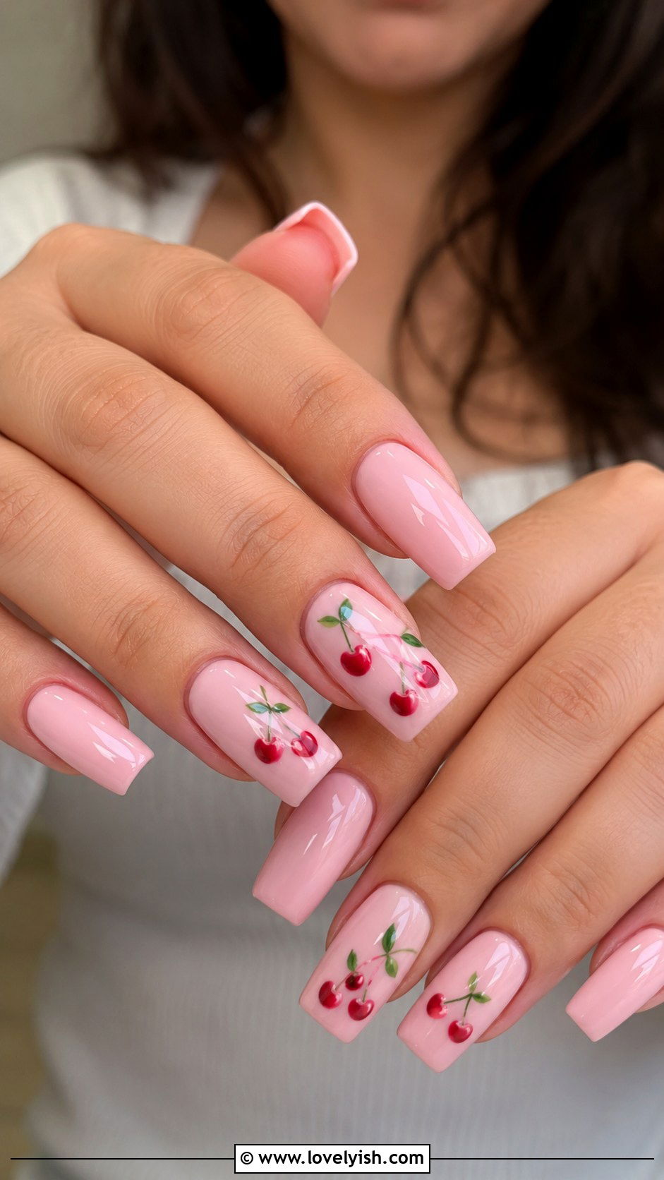 Pink Cherry Print Square Nails - 50 long pink nails - 50 long pink nails