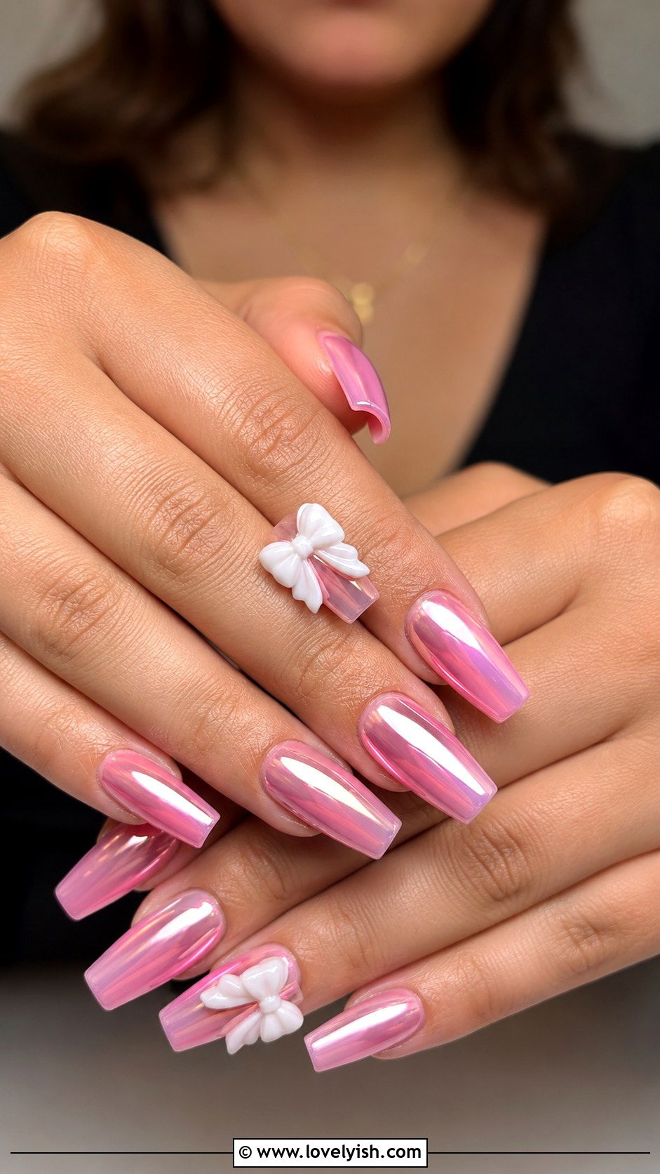 Pink Chrome Nails with 3D Bow Accents - 50 pink chrome nails - 50 pink chrome nails