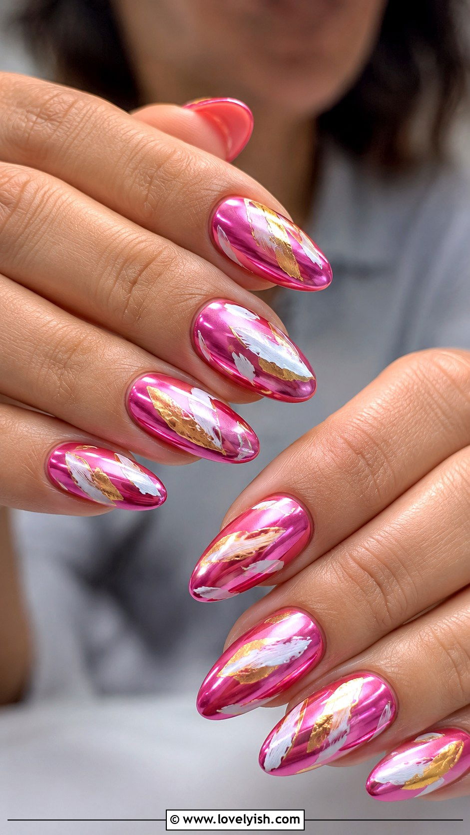 Pink Chrome Nails with Abstract Nail Art - 50 pink chrome nails - 50 pink chrome nails