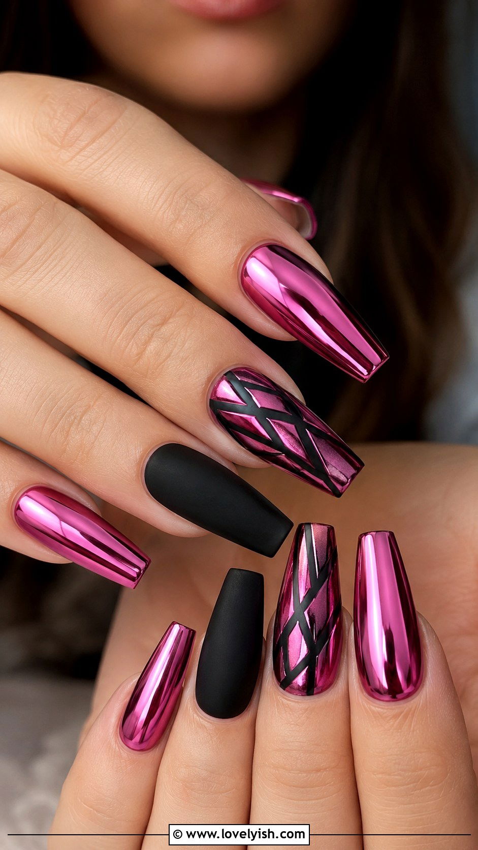 Pink Chrome Nails with Black Accents - 50 pink chrome nails - 50 pink chrome nails