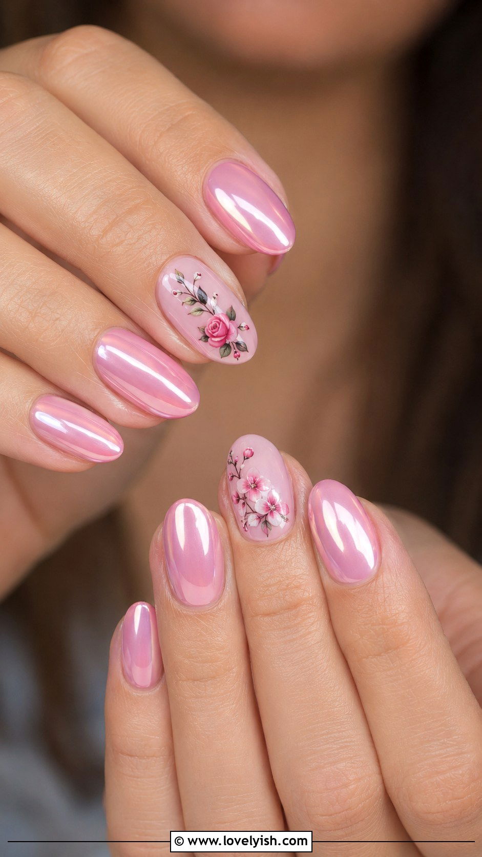 Pink Chrome Nails with Floral Nail Art - 50 pink chrome nails - 50 pink chrome nails