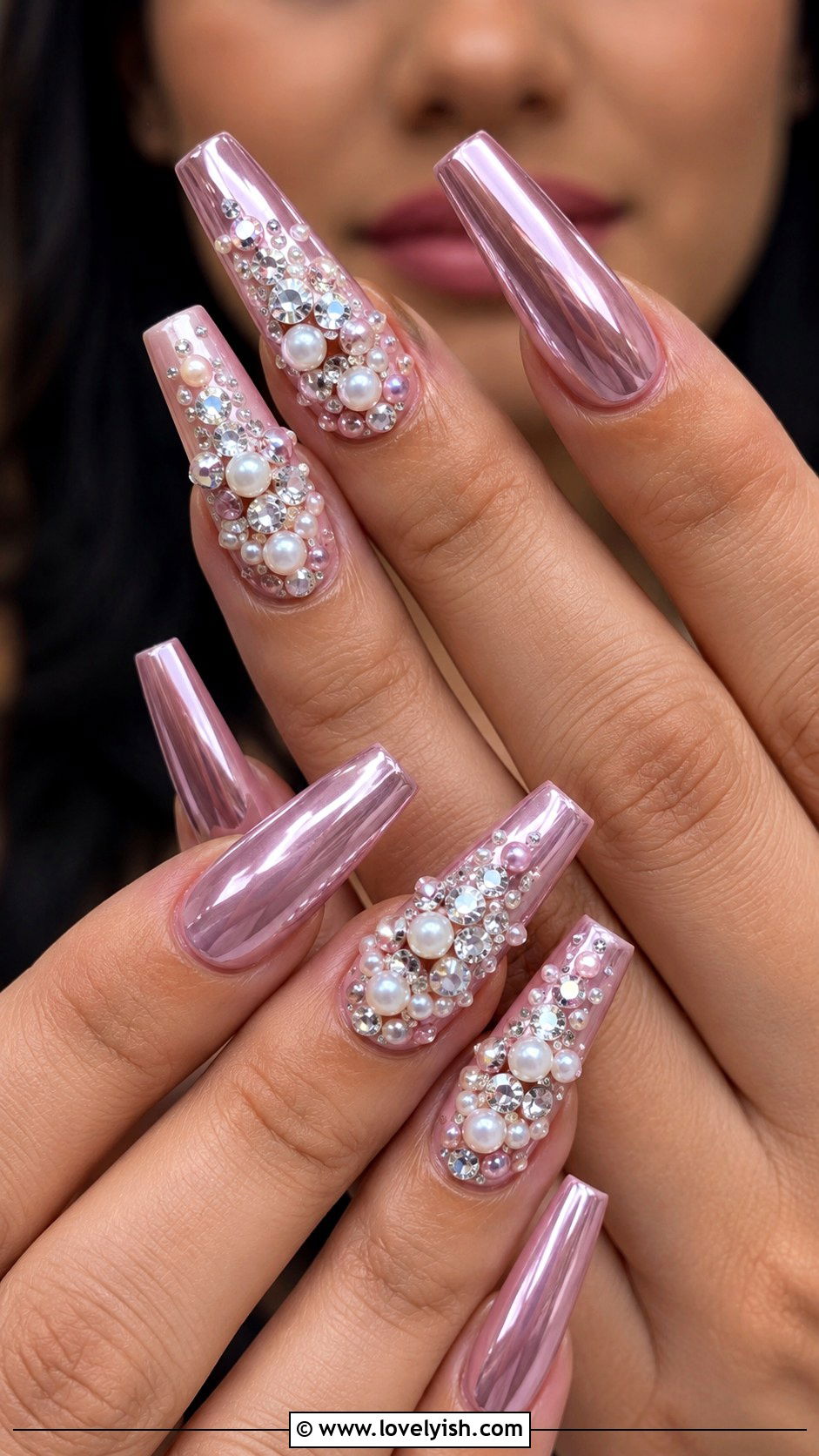Pink Chrome Nails with Pearls and Gems - 50 pink chrome nails - 50 pink chrome nails