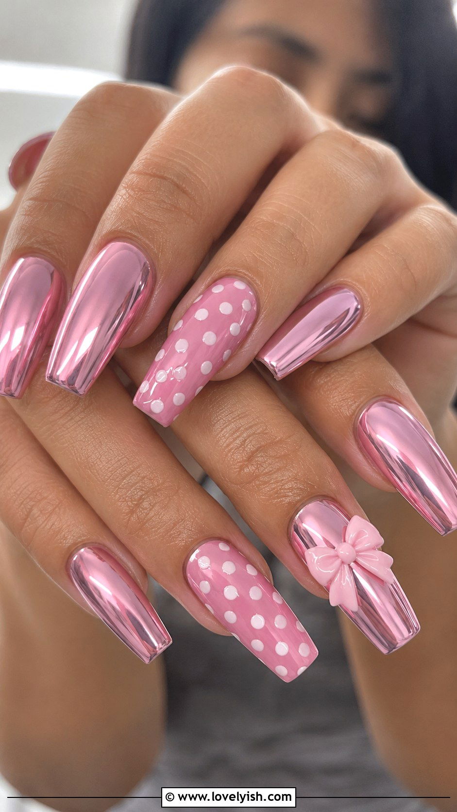 Pink Chrome Nails with Polka Dot and Bow Nail Art - 50 pink chrome nails - 50 pink chrome nails