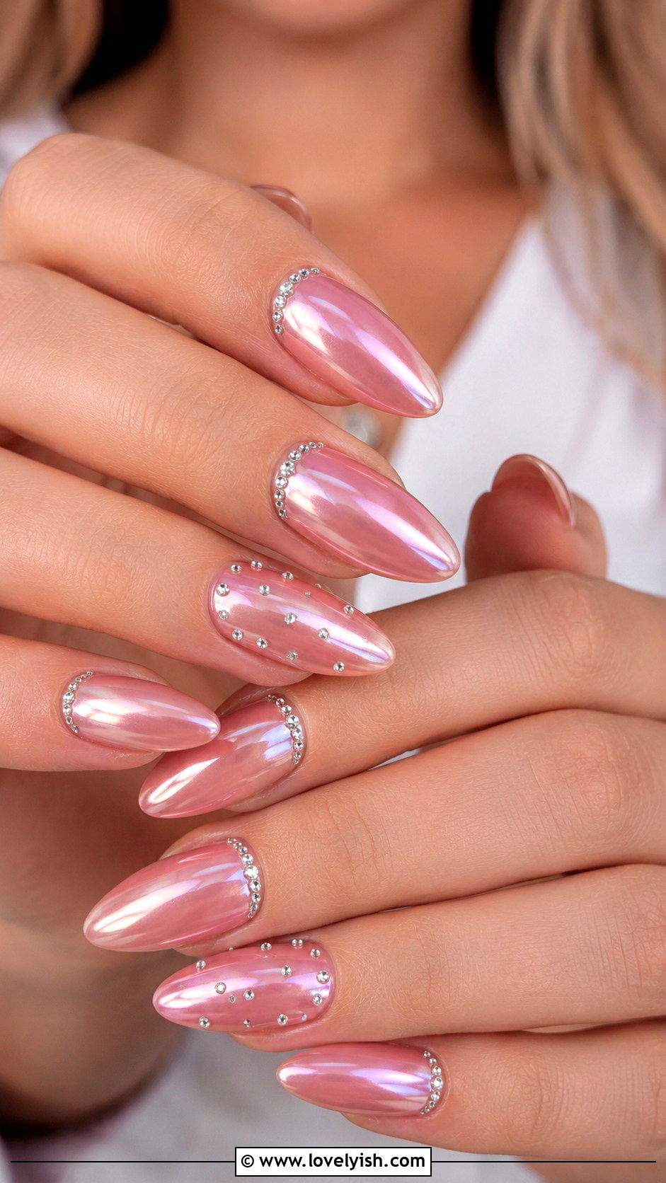 Pink Chrome Nails with Rhinestone Accents - 50 pink chrome nails - 50 pink chrome nails